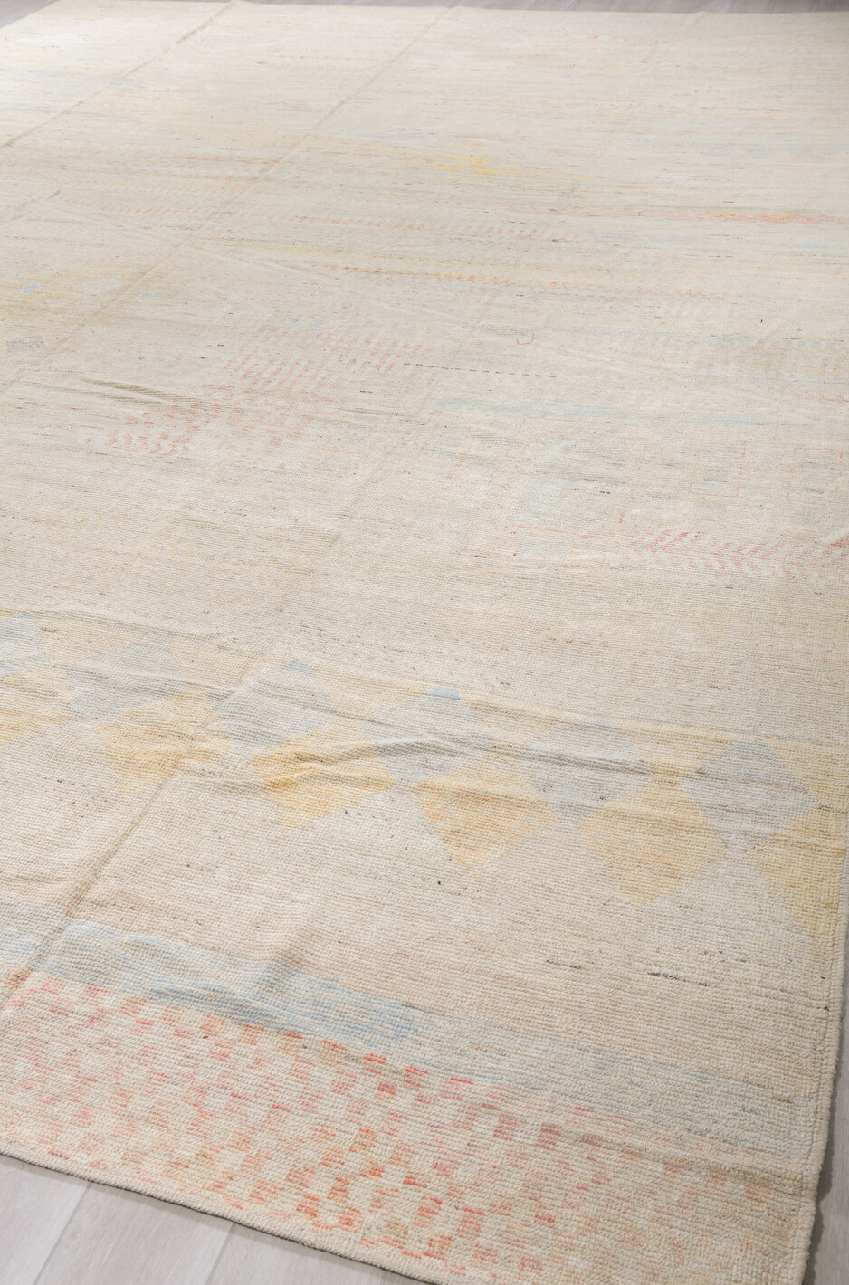 13' x 19' one-of-a-kind handmade vintage Tulu oversize rug. Color palette: brown, gainsboro, gray, light gray, off-white