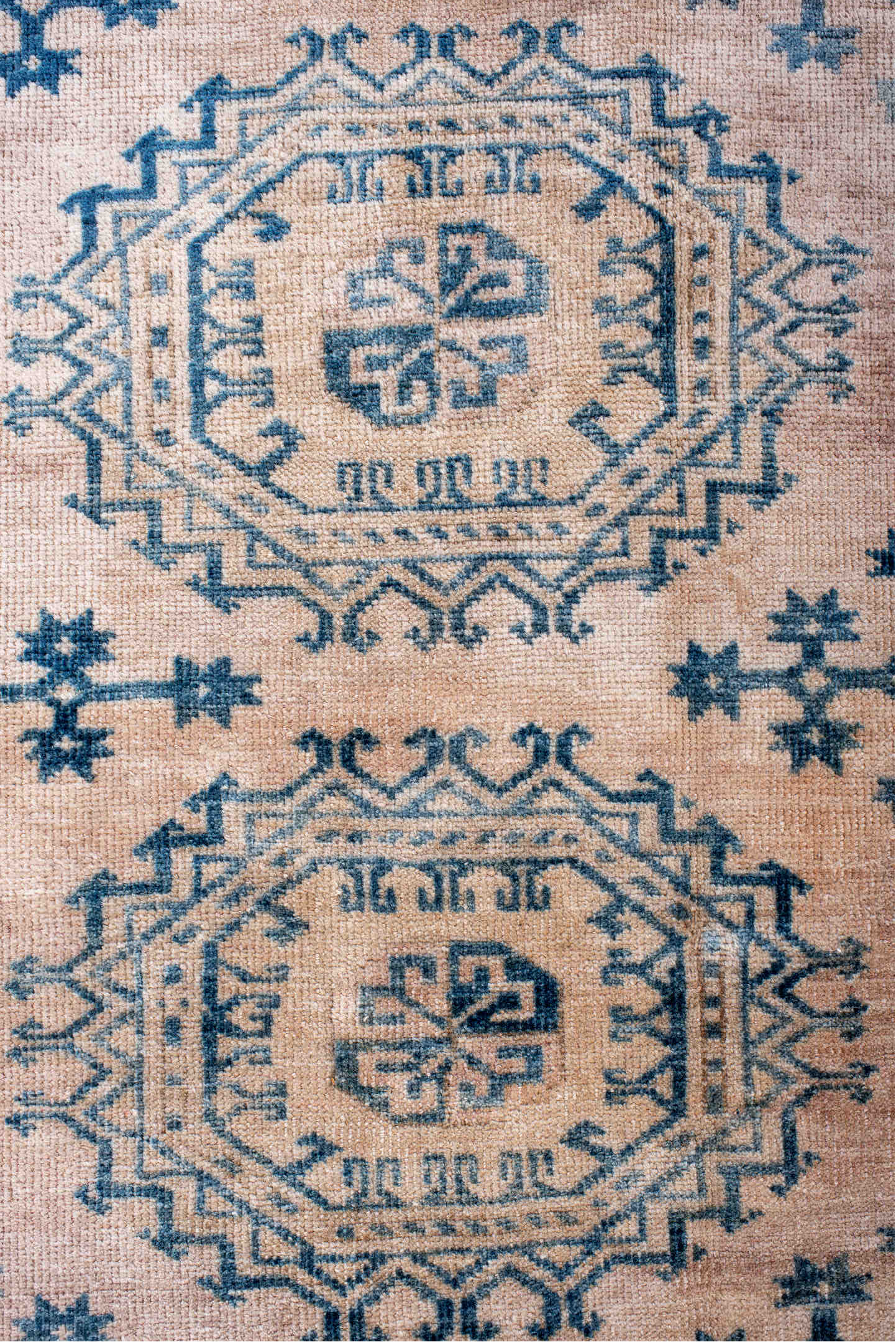 7' x 10' one-of-a-kind handmade vintage Afghan large size rug. Color palette: blue, dark gray, fiord, gray, light blue