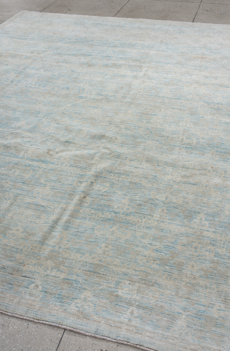 9' x 11' one-of-a-kind handmade vintage Oushak large size rug. Color palette: light gray, off-white, gray, light blue