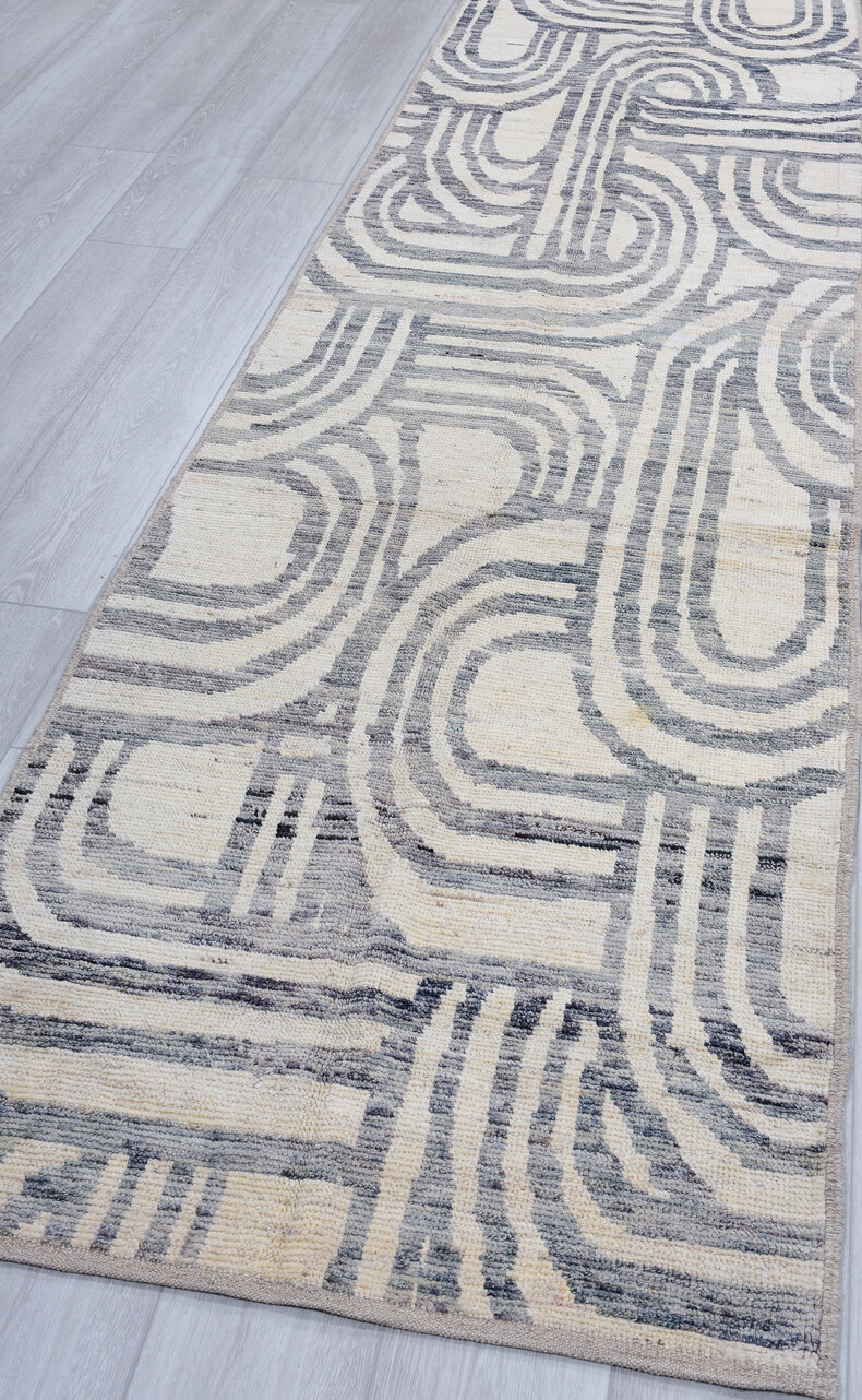 3' x 13' one-of-a-kind handmade vintage Tulu runner rug. Color palette: black, blue, brown, dim gray, gainsboro, gray