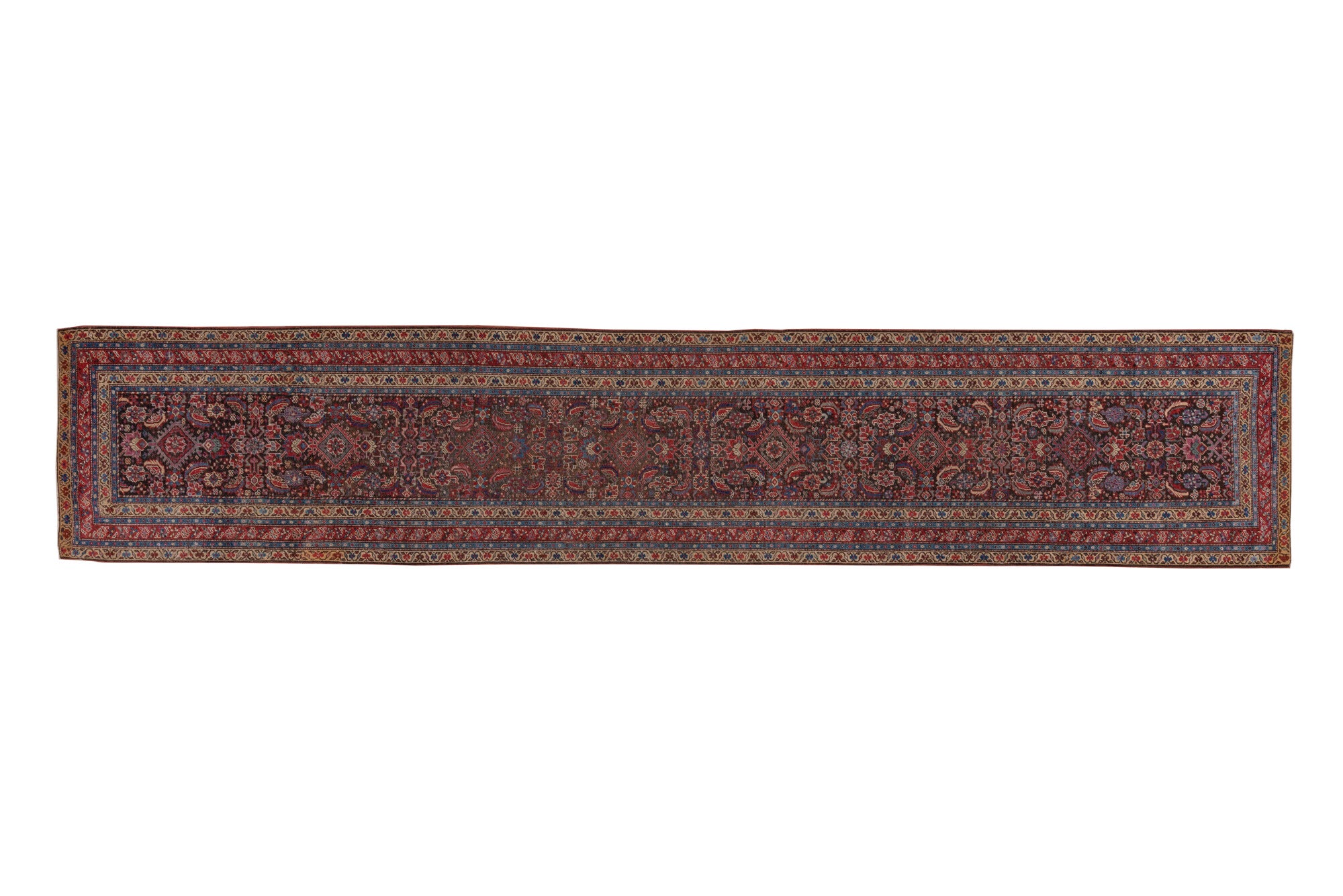 3' x 17' one-of-a-kind handmade vintage Karabagh runner rug. Color palette: black, blue, brown, gray, pink, red