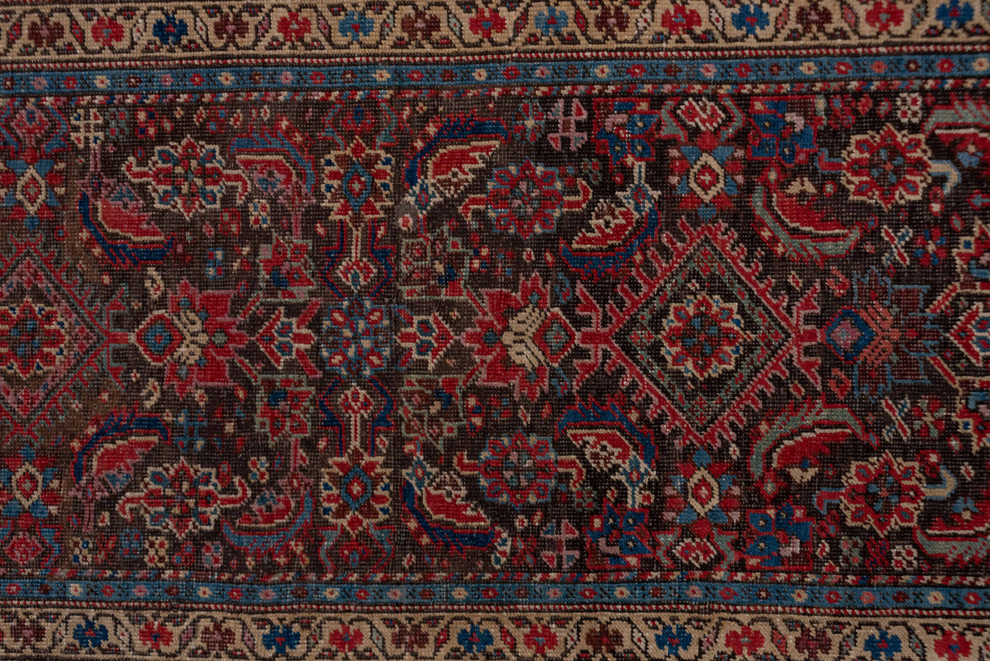 3' x 17' one-of-a-kind handmade vintage Karabagh runner rug. Color palette: black, blue, brown, gray, pink, red
