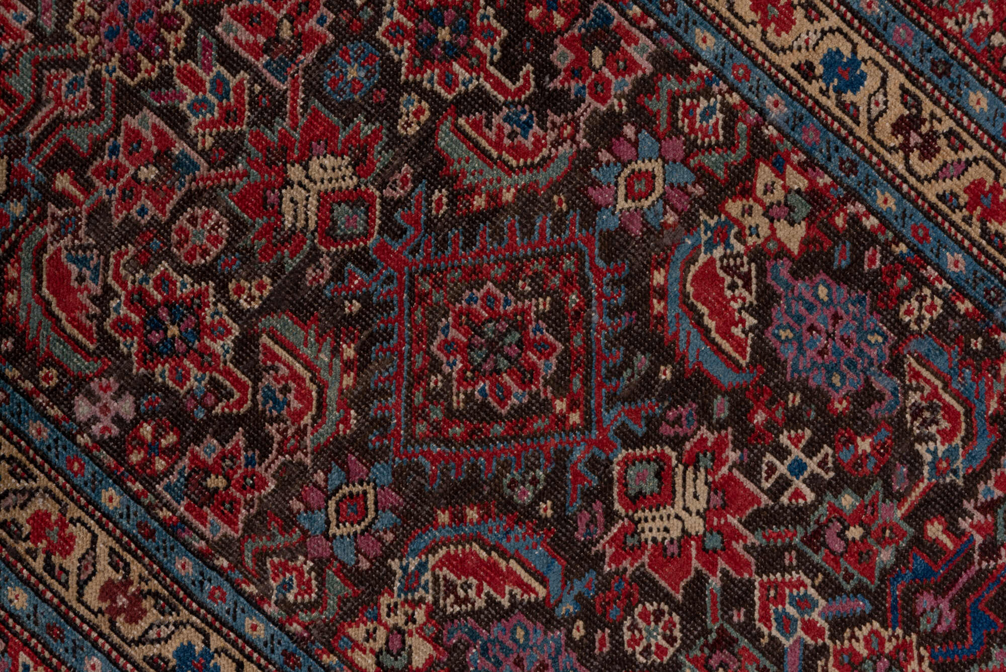 3' x 17' one-of-a-kind handmade vintage Karabagh runner rug. Color palette: black, blue, brown, gray, pink, red