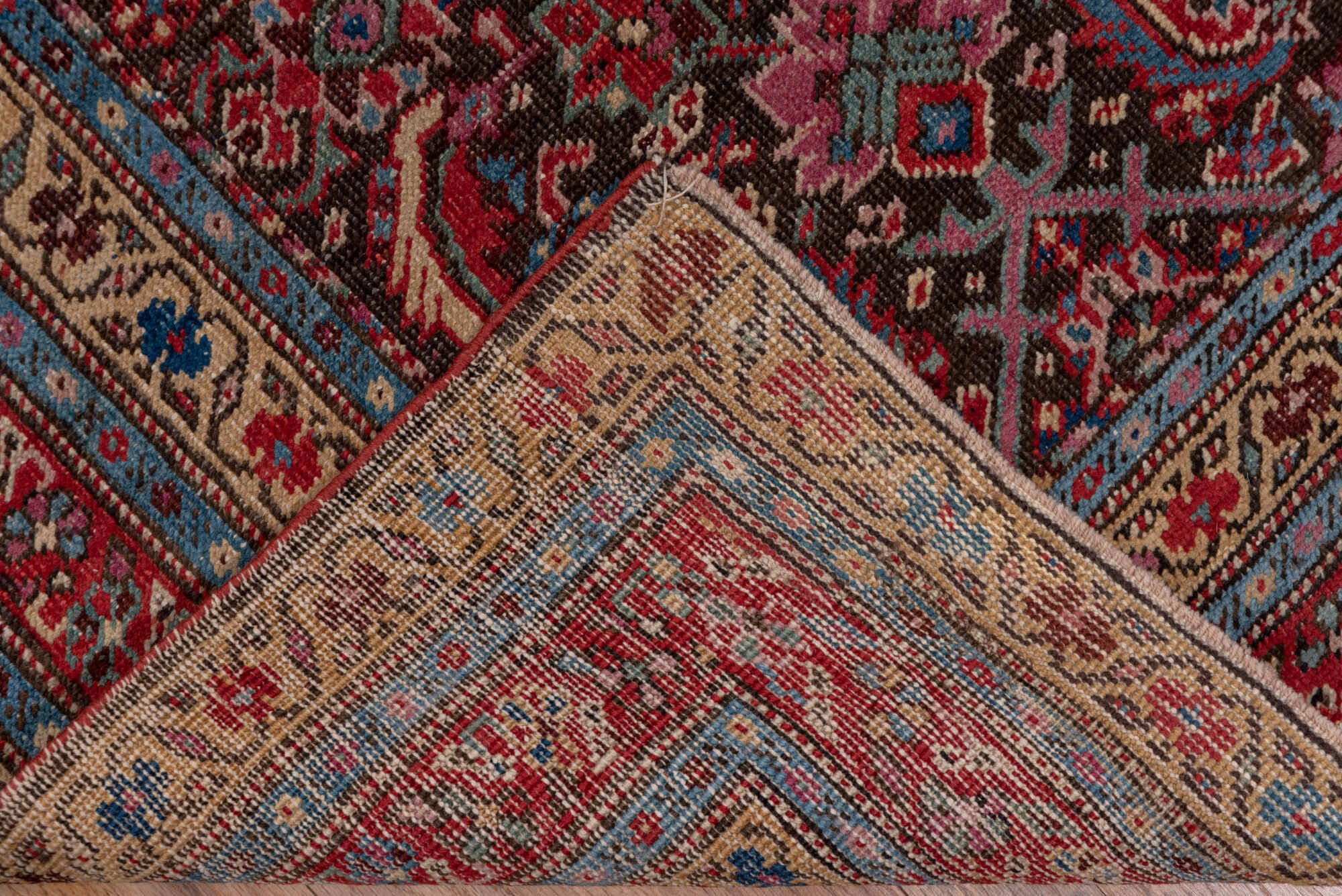 3' x 17' one-of-a-kind handmade vintage Karabagh runner rug. Color palette: black, blue, brown, gray, pink, red