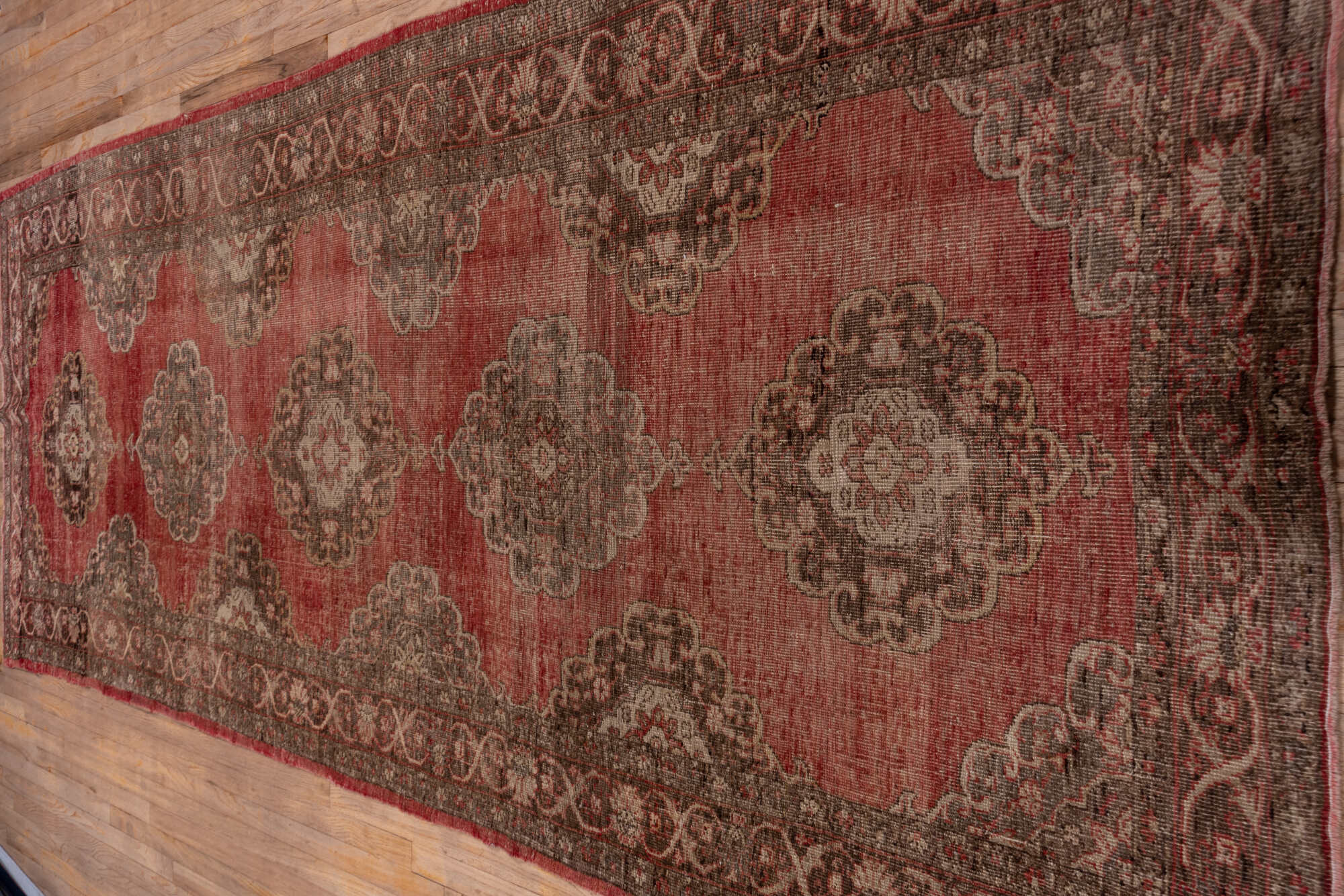 4' x 13' one-of-a-kind handmade vintage Oushak runner rug. Color palette: brown, gray, off-white, pink, red, snow, white
