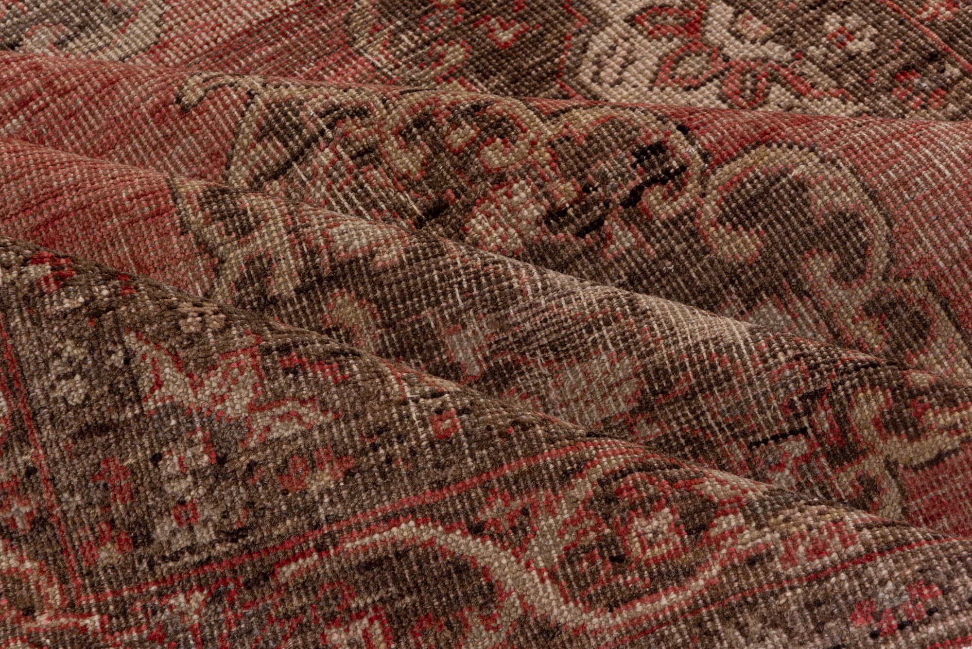 4' x 13' one-of-a-kind handmade vintage Oushak runner rug. Color palette: brown, gray, off-white, pink, red, snow, white