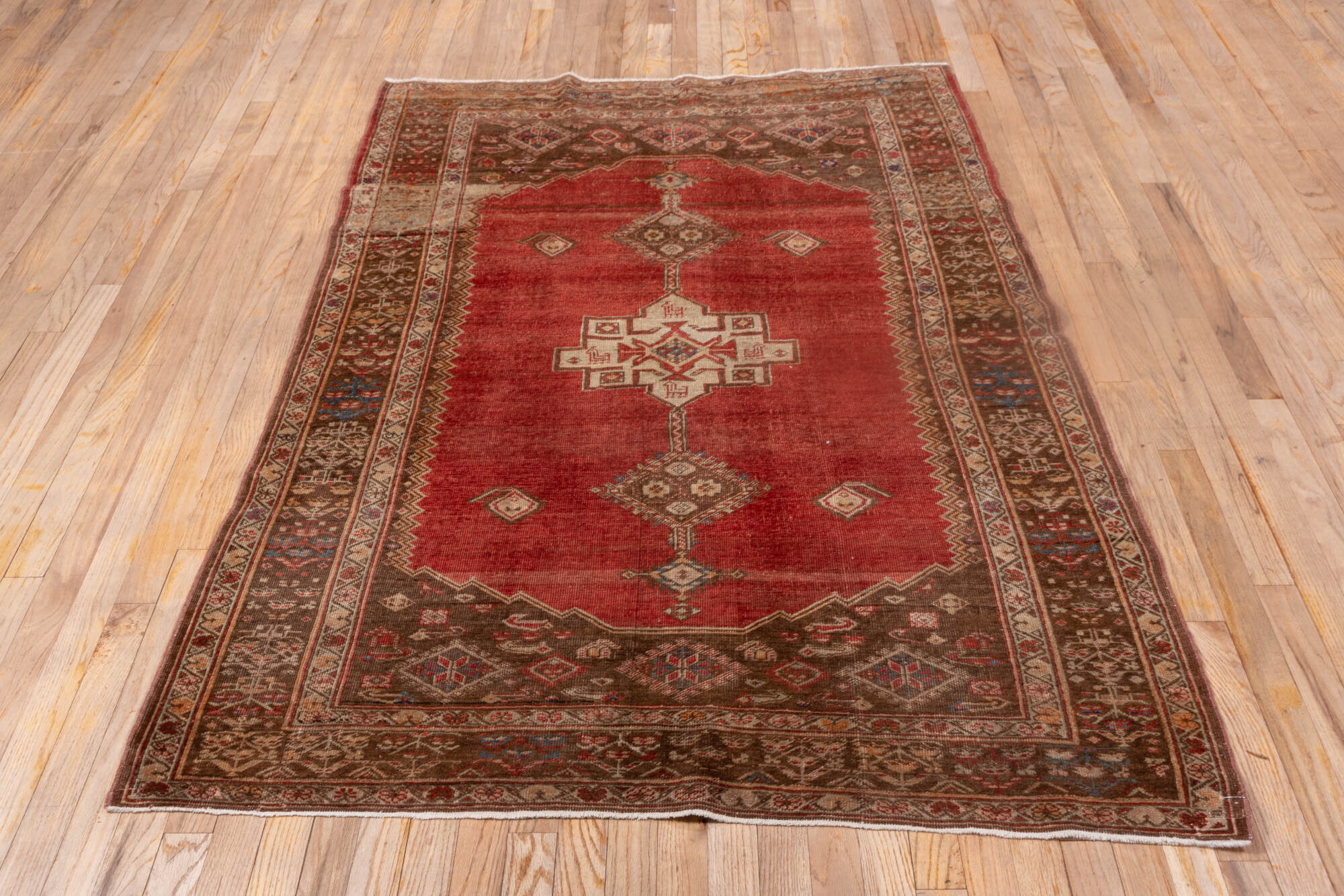 4' x 6' one-of-a-kind handmade vintage Oushak small size rug. Color palette: blue, brown, gray, pink, red, sienna