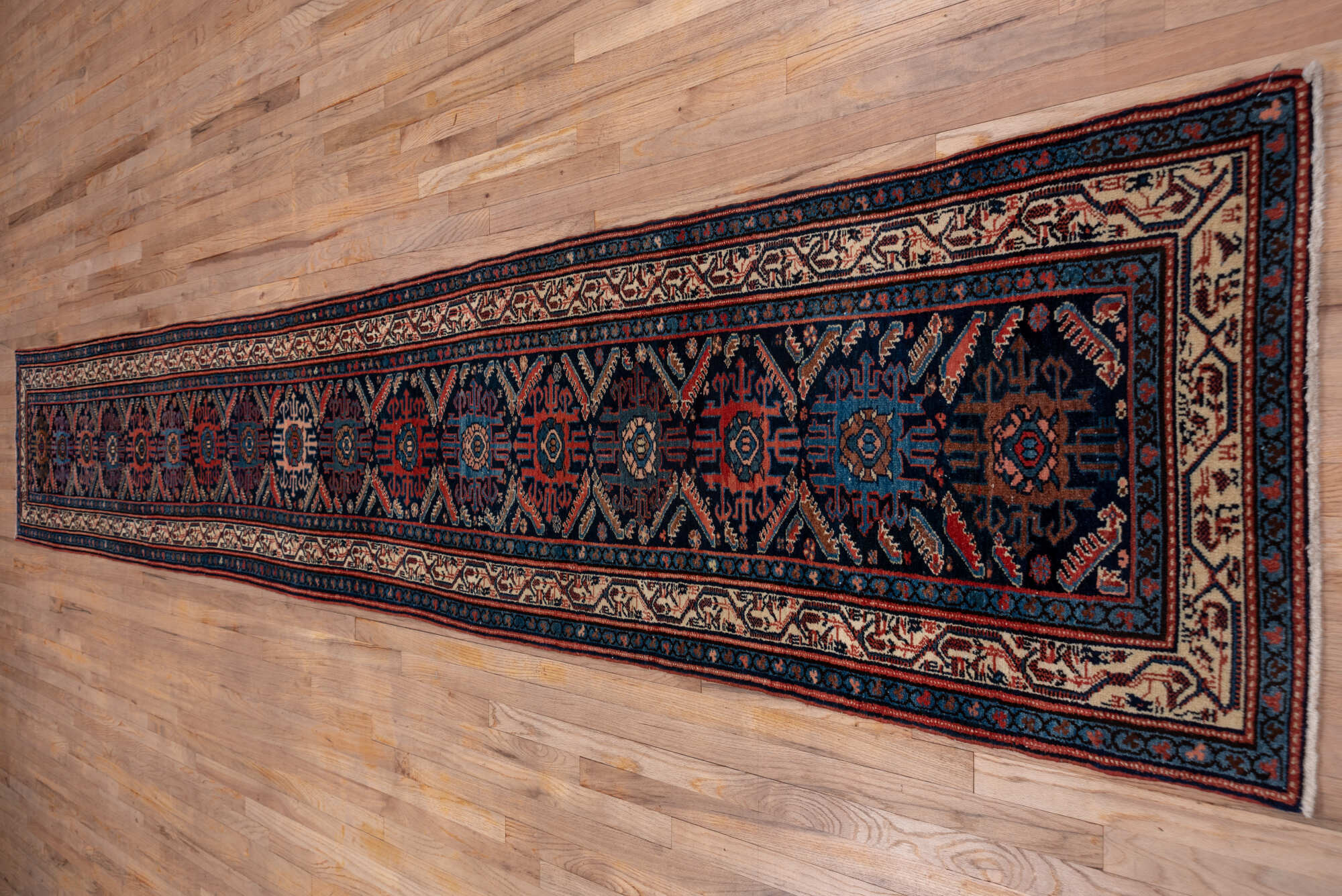 2' x 16' one-of-a-kind handmade vintage Malayer runner rug. Color palette: blue, brown, gray, off-white, pink, red, redwood