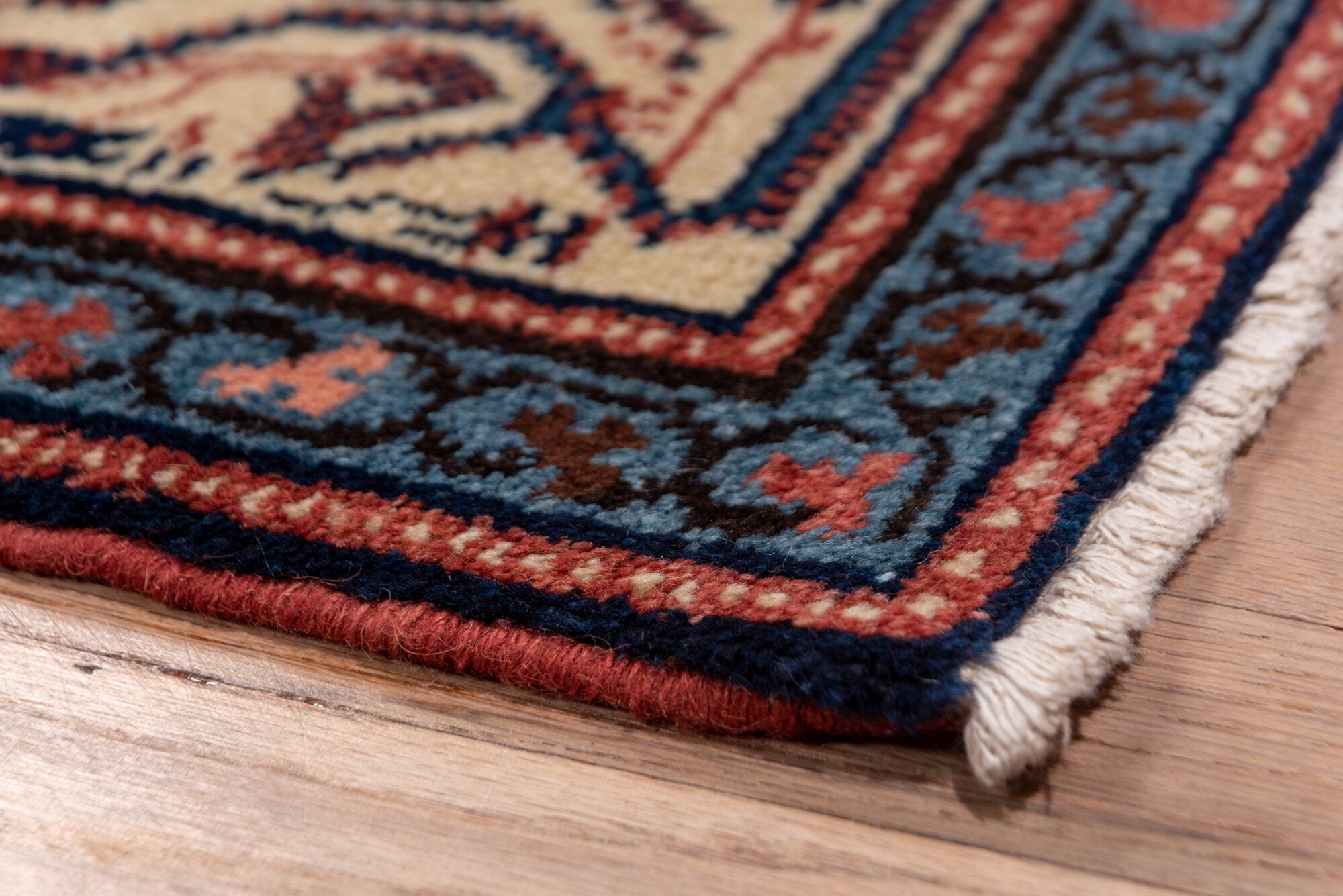 2' x 16' one-of-a-kind handmade vintage Malayer runner rug. Color palette: blue, brown, gray, off-white, pink, red, redwood