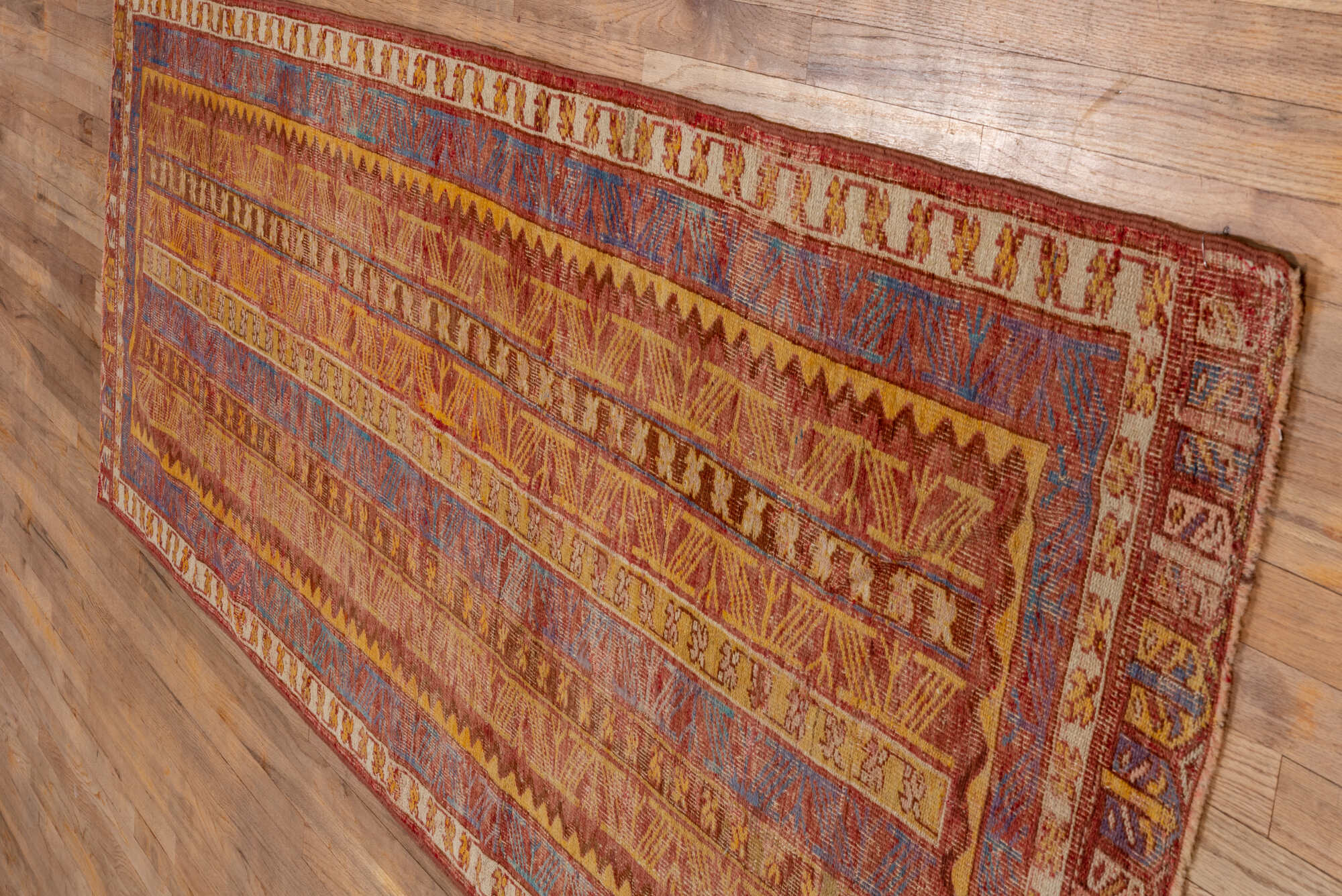 3' x 9' one-of-a-kind handmade vintage Oushak runner rug. Color palette: brown, gray, orange, peru, pink, red
