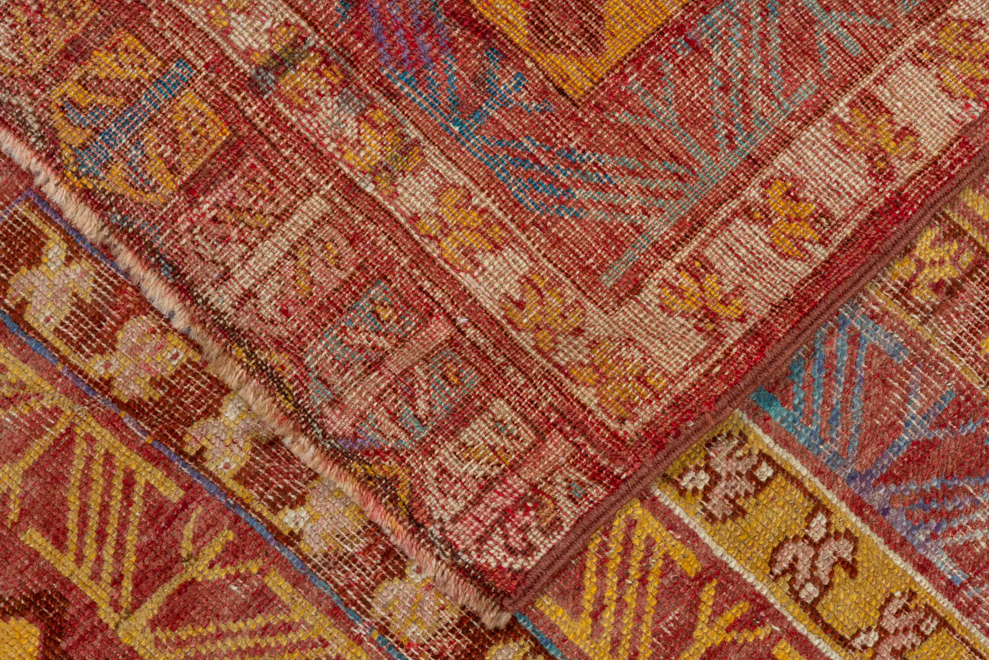 3' x 9' one-of-a-kind handmade vintage Oushak runner rug. Color palette: brown, gray, orange, peru, pink, red