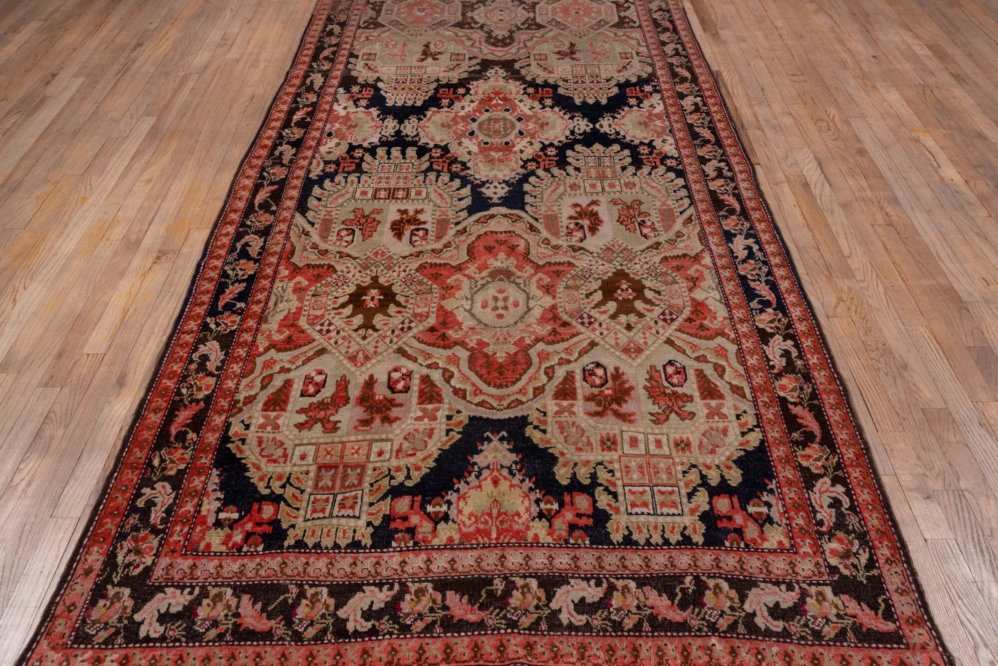 5' x 12' one-of-a-kind handmade vintage Karabagh rug. Color palette: brown, gray, pink, red, redwood