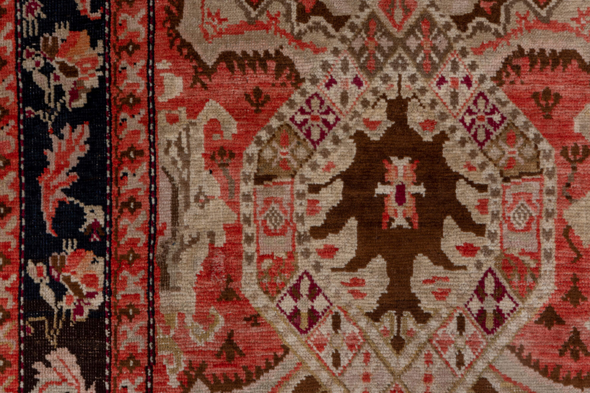 5' x 12' one-of-a-kind handmade vintage Karabagh rug. Color palette: brown, gray, pink, red, redwood