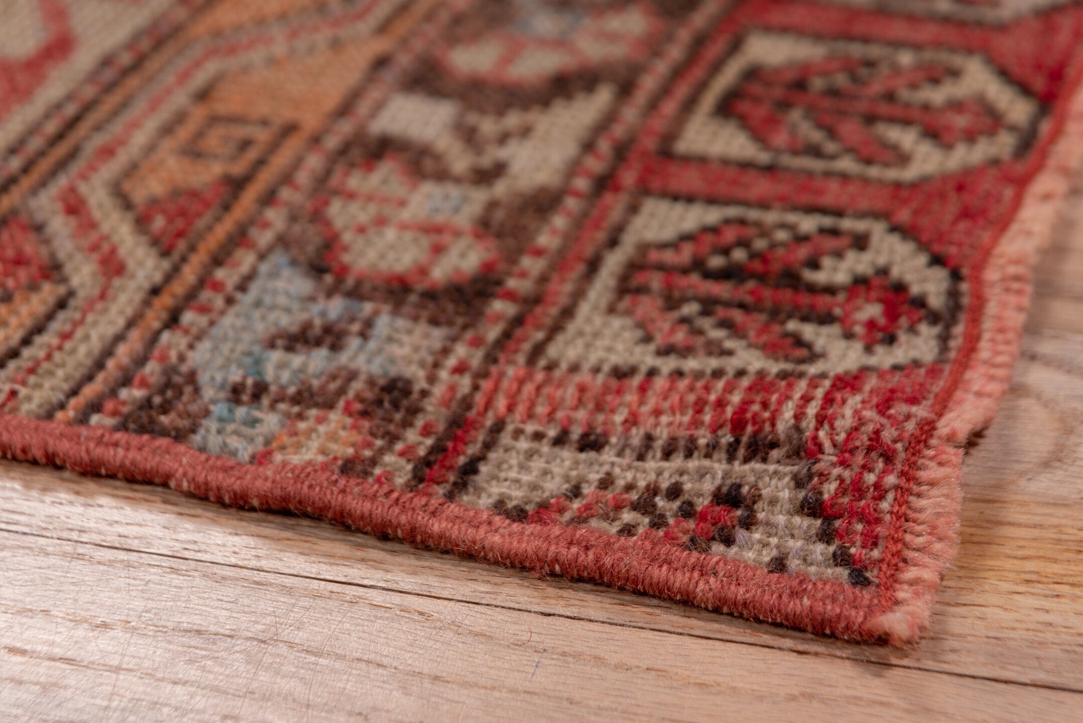 3' x 12' one-of-a-kind handmade vintage Oushak runner rug. Color palette: brown, gray, pink, red, off-white, white, snow