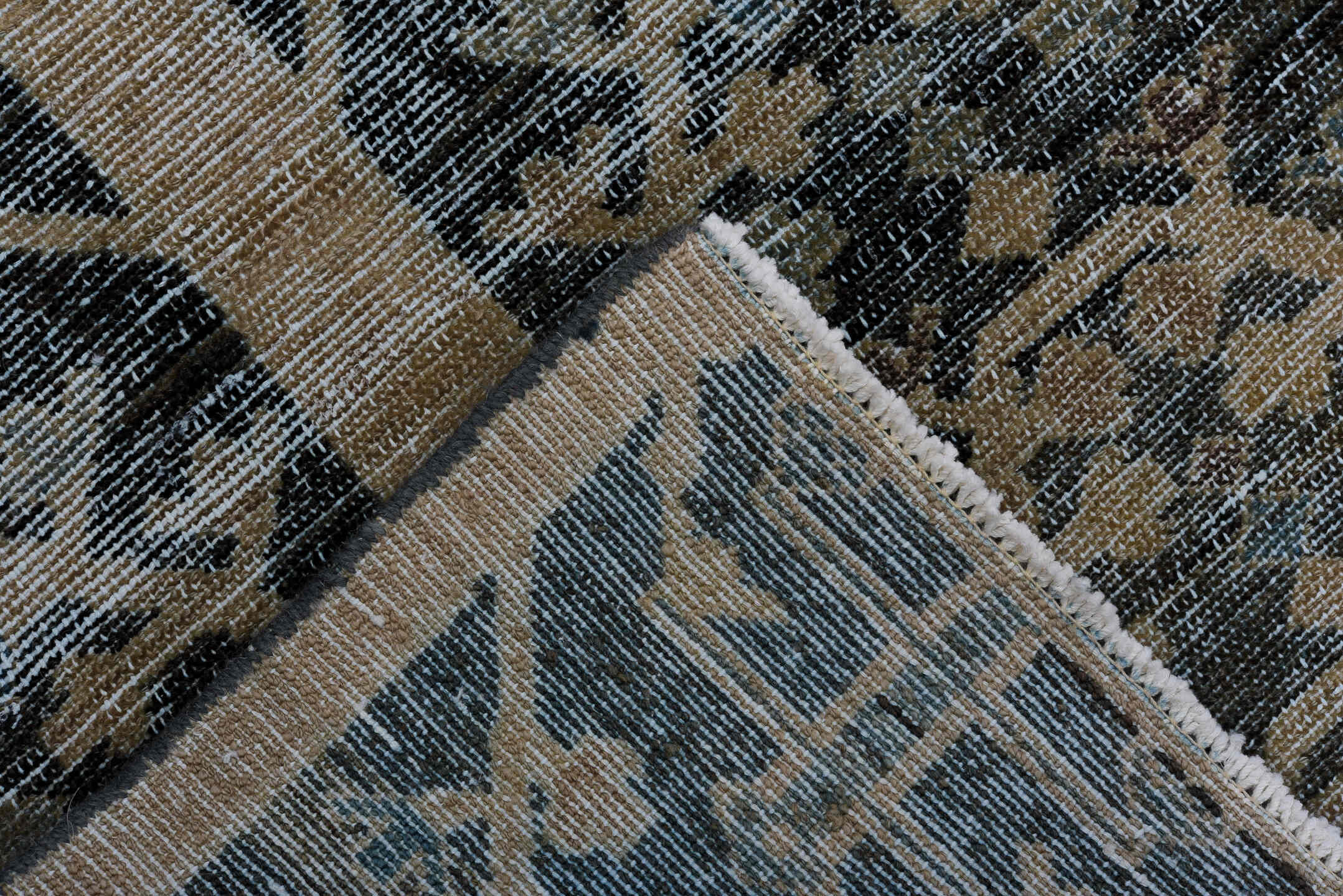 6' x 7' one-of-a-kind handmade vintage Flatweave rug. Color palette: gray, black, light gray, off-white, blue, dark gray