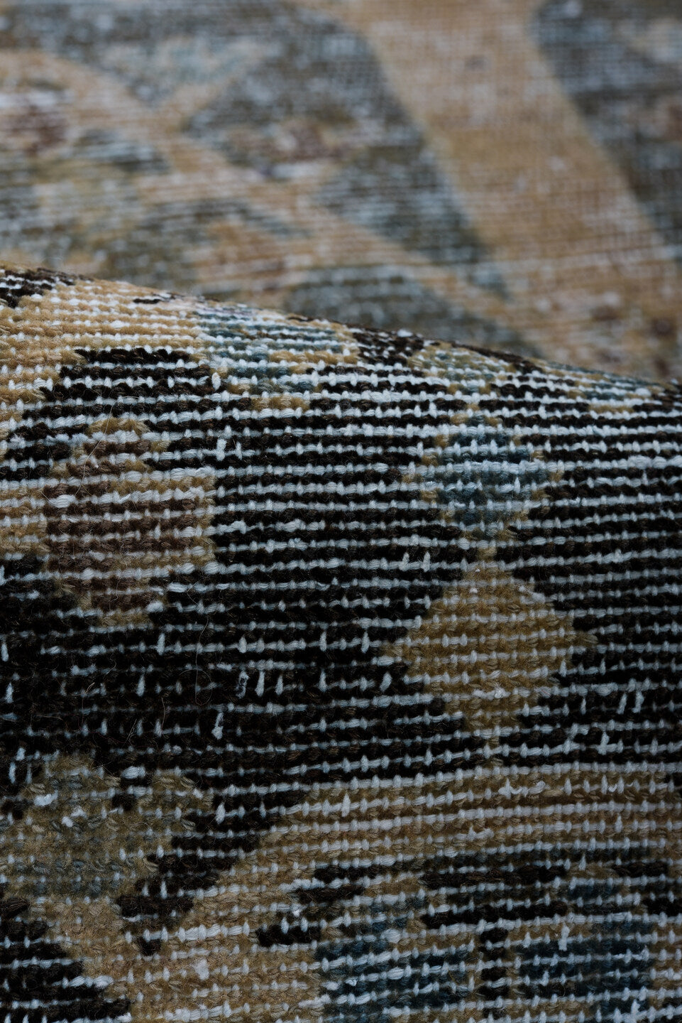 6' x 7' one-of-a-kind handmade vintage Flatweave rug. Color palette: gray, black, light gray, off-white, blue, dark gray