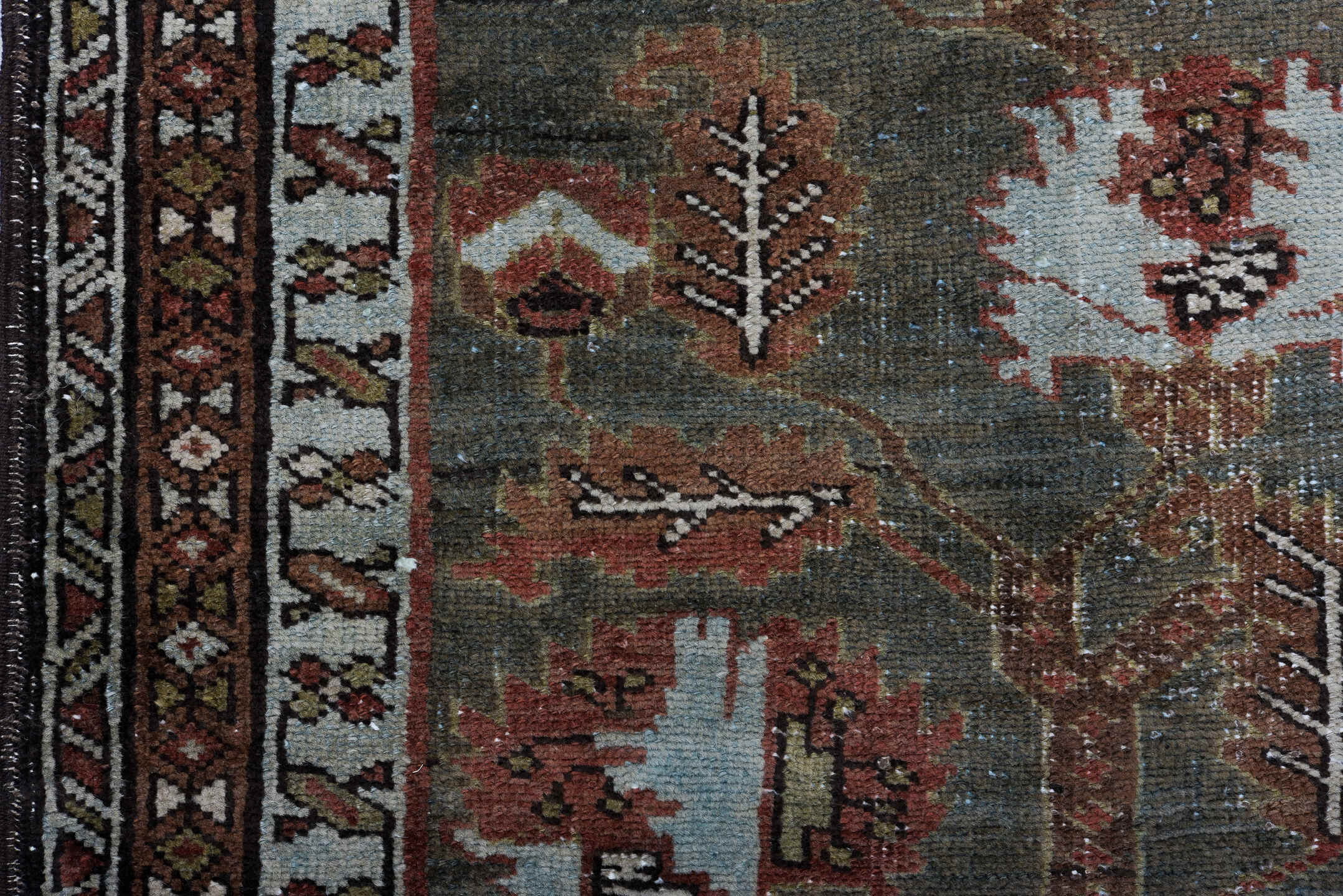 13' x 2' one-of-a-kind handmade vintage Heriz rug. Color palette: black, brown, gray, light gray, off-white, redwood, silver