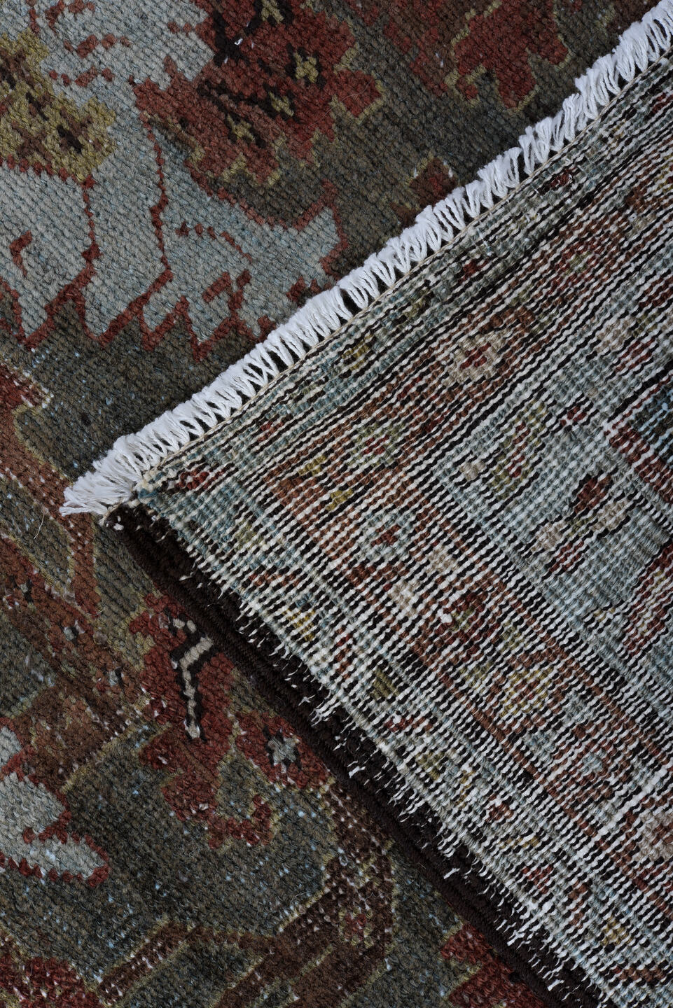 13' x 2' one-of-a-kind handmade vintage Heriz rug. Color palette: black, brown, gray, light gray, off-white, redwood, silver