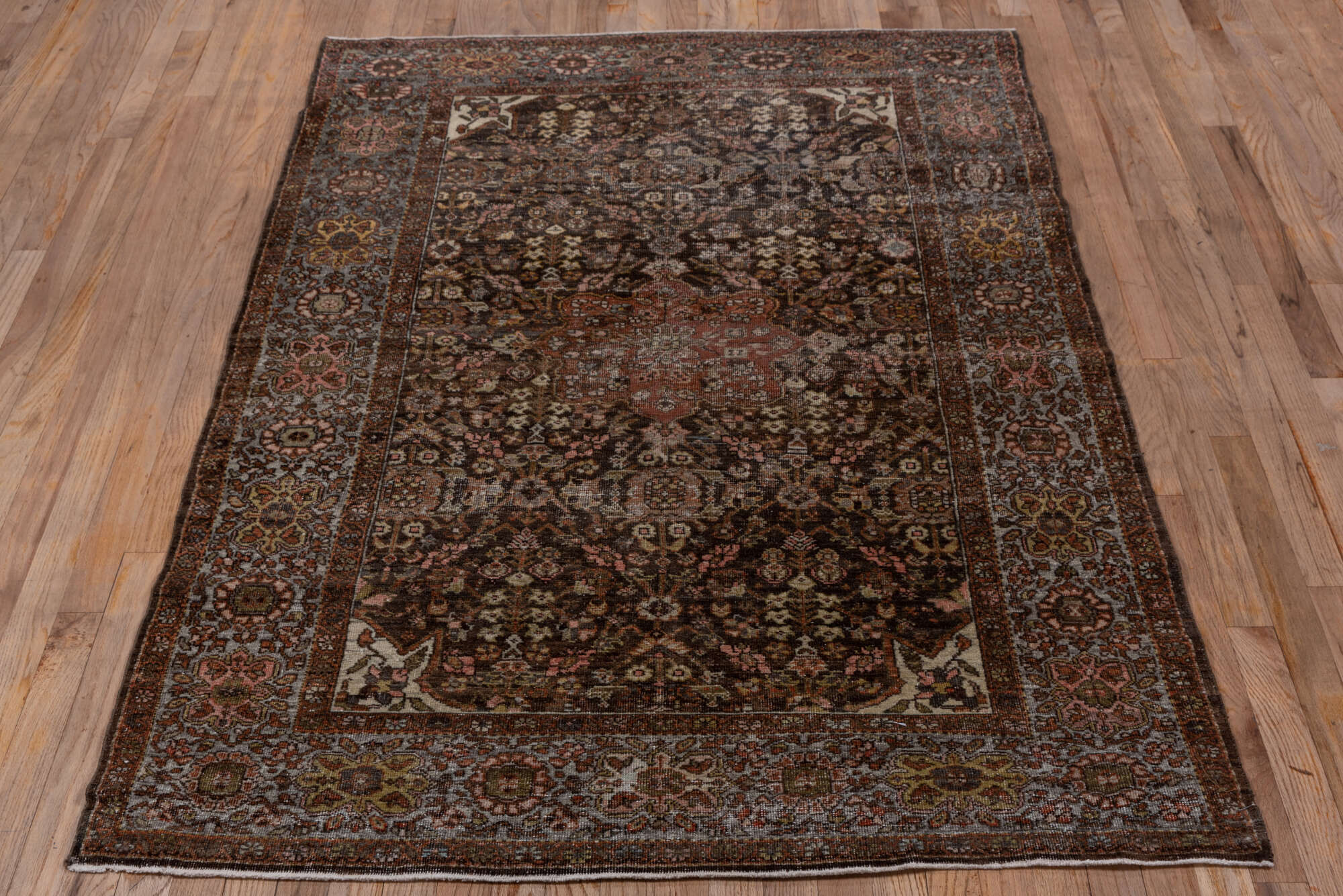 4' x 6' one-of-a-kind handmade vintage Far.Sarouk small size rug. Color palette: brown, gray, light gray, off-white, pink
