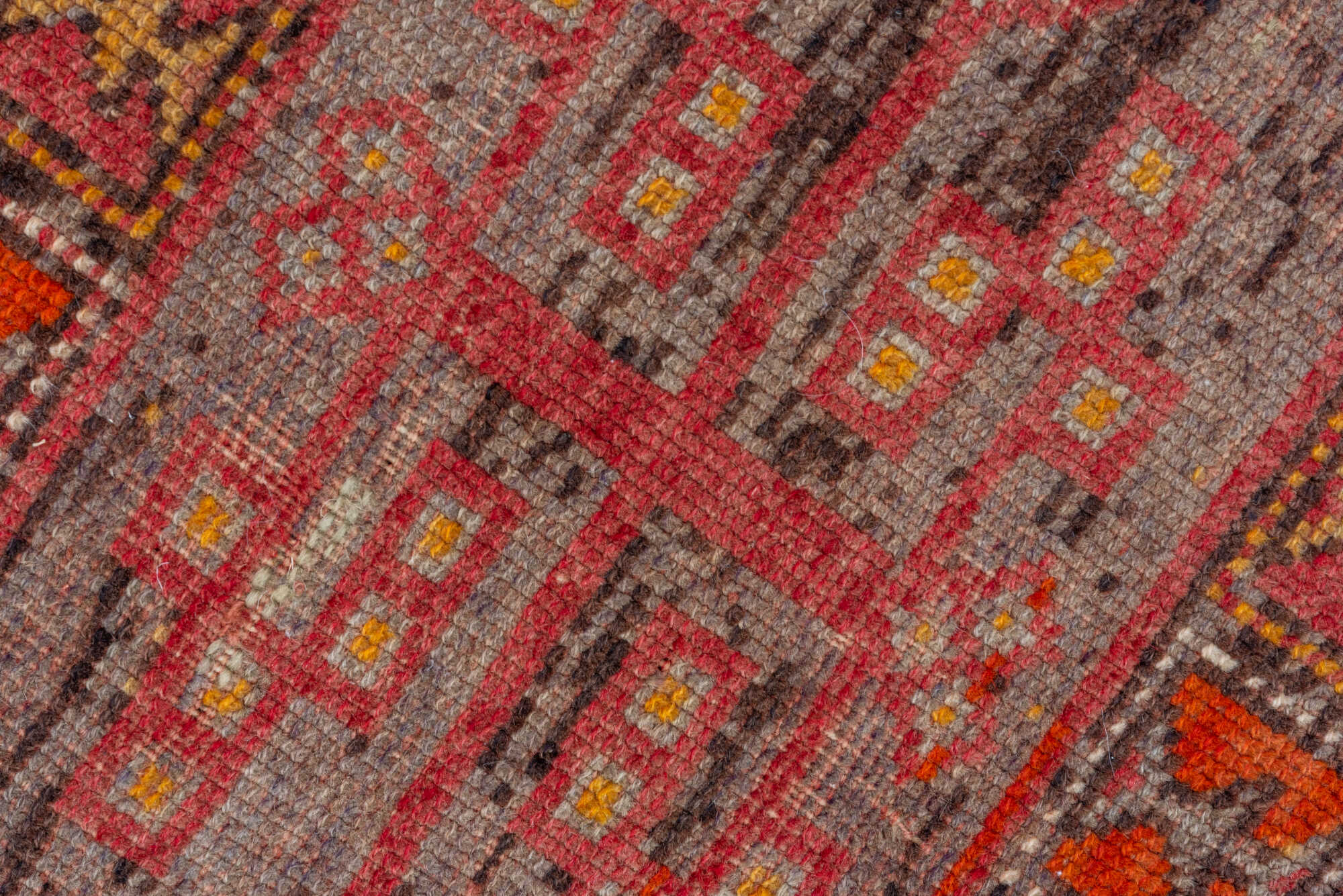 4' x 11' one-of-a-kind handmade vintage Oushak runner rug. Color palette: brown, maroon, pink, red, sienna