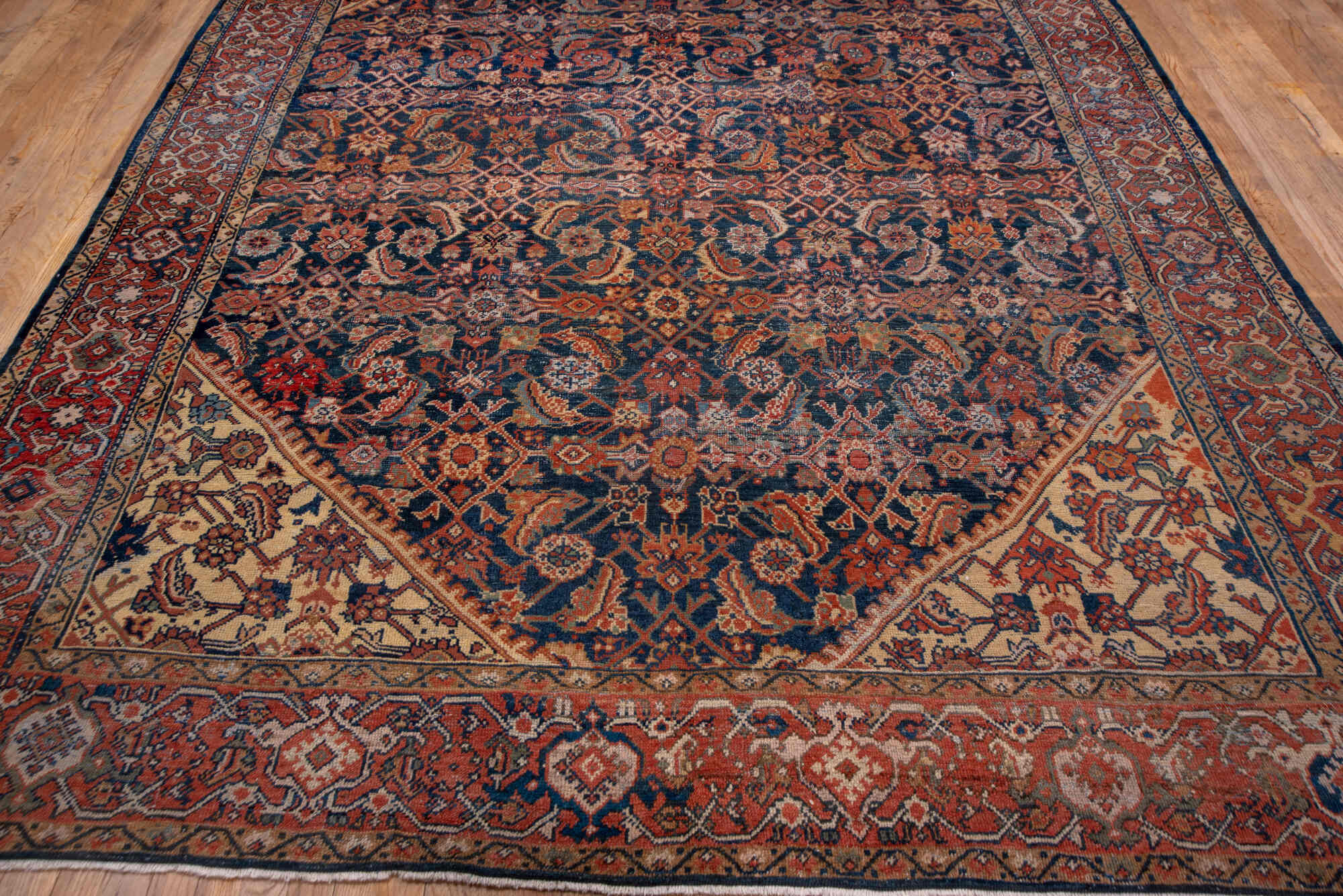 8' x 11' one-of-a-kind handmade vintage Mahal large size rug. Color palette: black, blue, brown, gray, pink, red, redwood