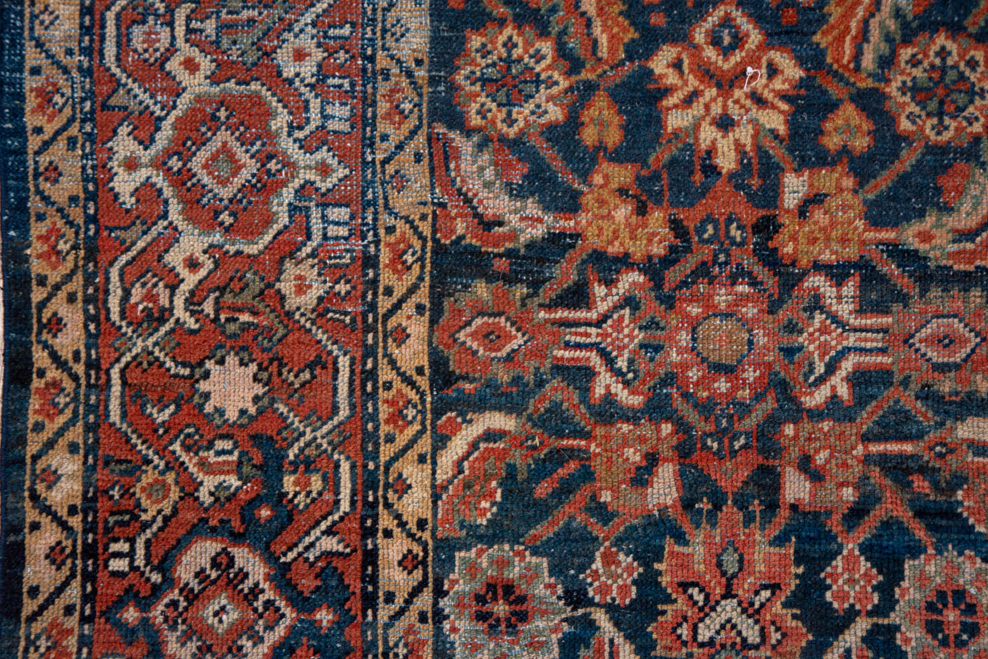 8' x 11' one-of-a-kind handmade vintage Mahal large size rug. Color palette: black, blue, brown, gray, pink, red, redwood