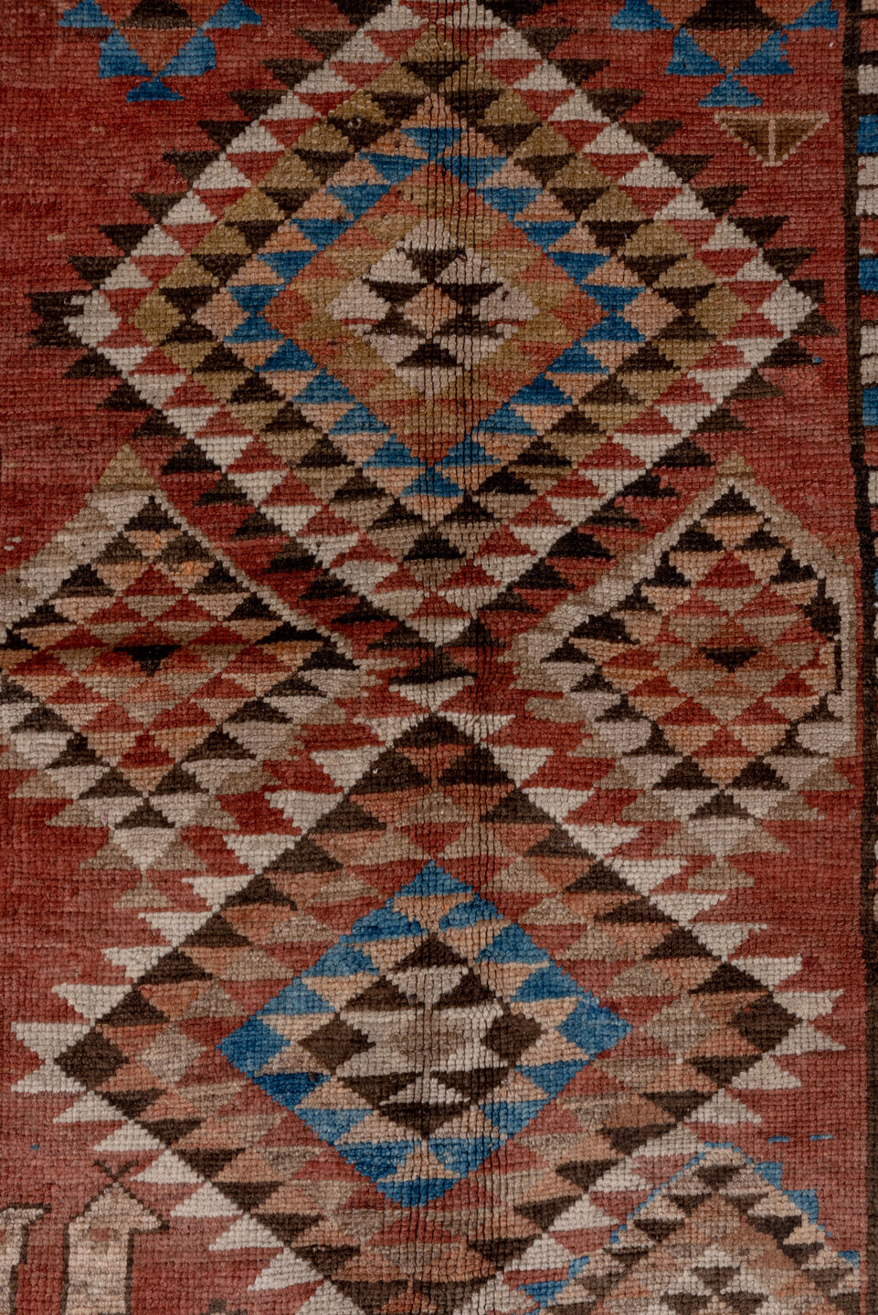 4' x 9' one-of-a-kind handmade vintage Kurd runner rug. Color palette: brown, gray, blue, pink, light gray, arapawa