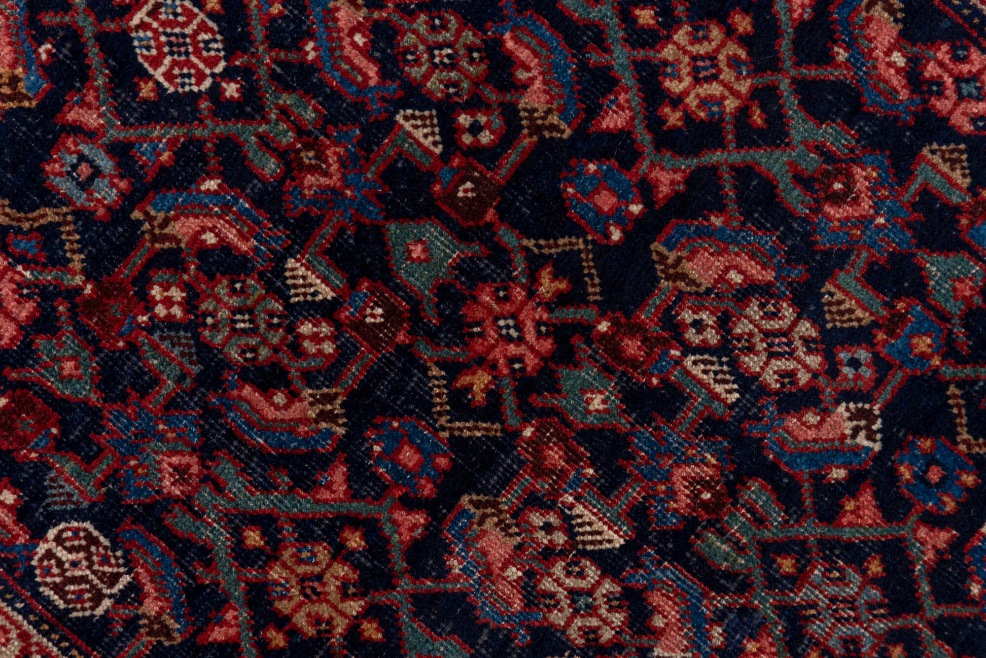 3' x 16' one-of-a-kind handmade vintage Bidjar runner rug. Color palette: blue, brown, gray, off-white, pink, red, redwood