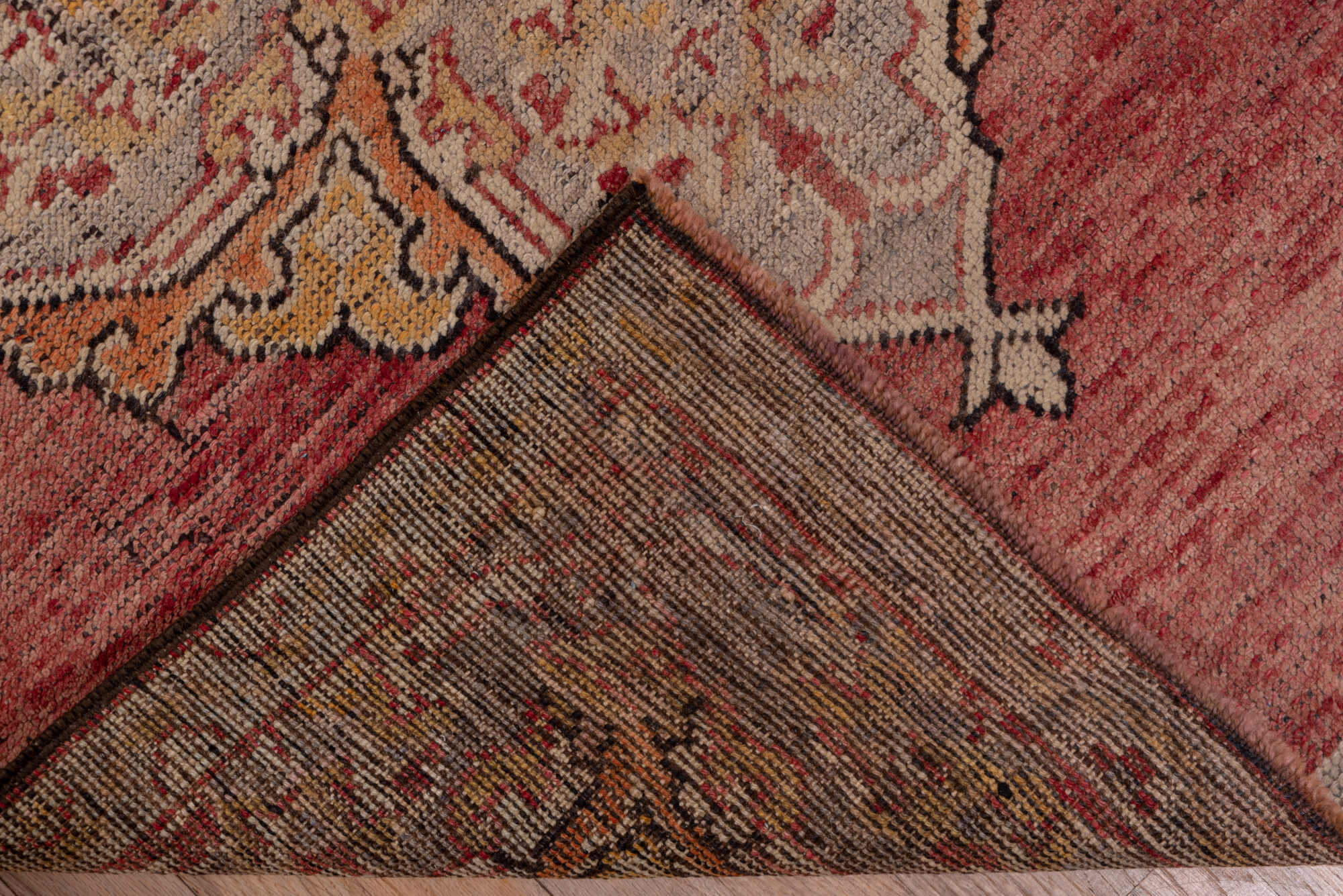 3' x 18' one-of-a-kind handmade vintage Oushak runner rug. Color palette: brown, off-white, pink, red, redwood, snow, white