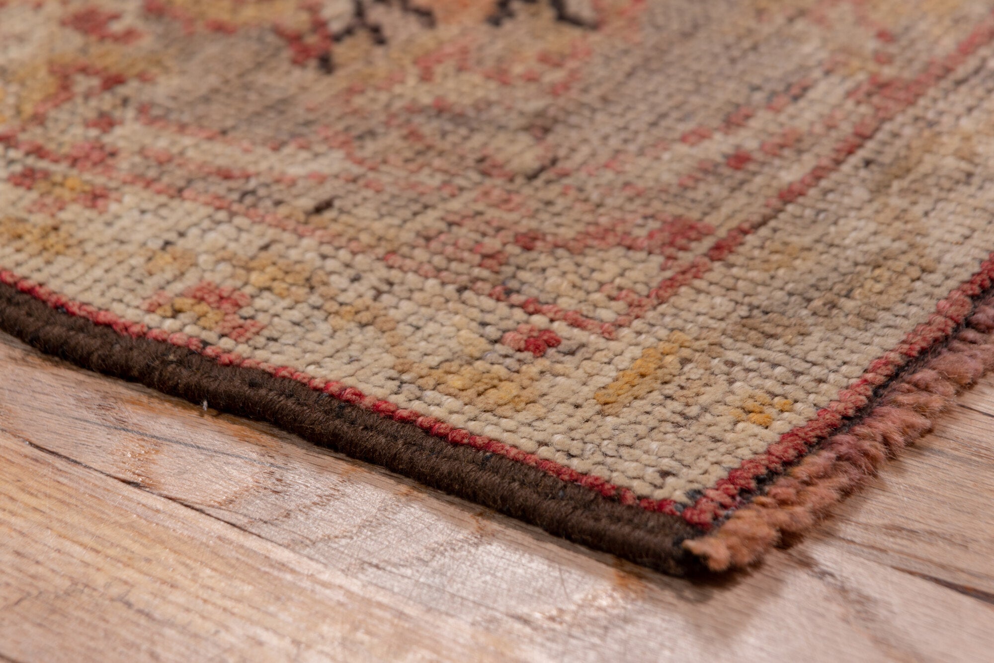 3' x 18' one-of-a-kind handmade vintage Oushak runner rug. Color palette: brown, off-white, pink, red, redwood, snow, white