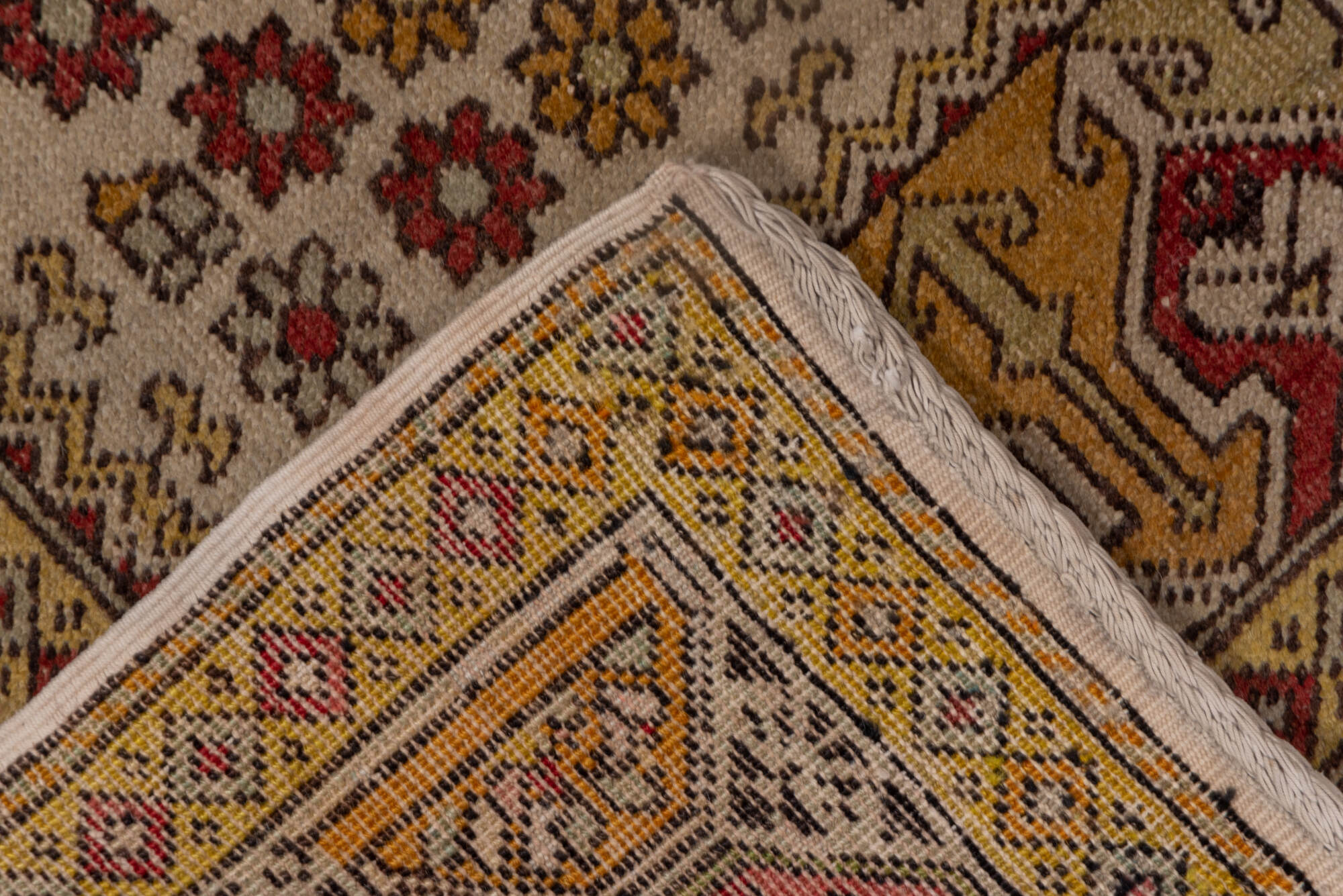 4' x 5' one-of-a-kind handmade vintage Oushak small size rug. Color palette: brown, gray, light gray, off-white, pink, red