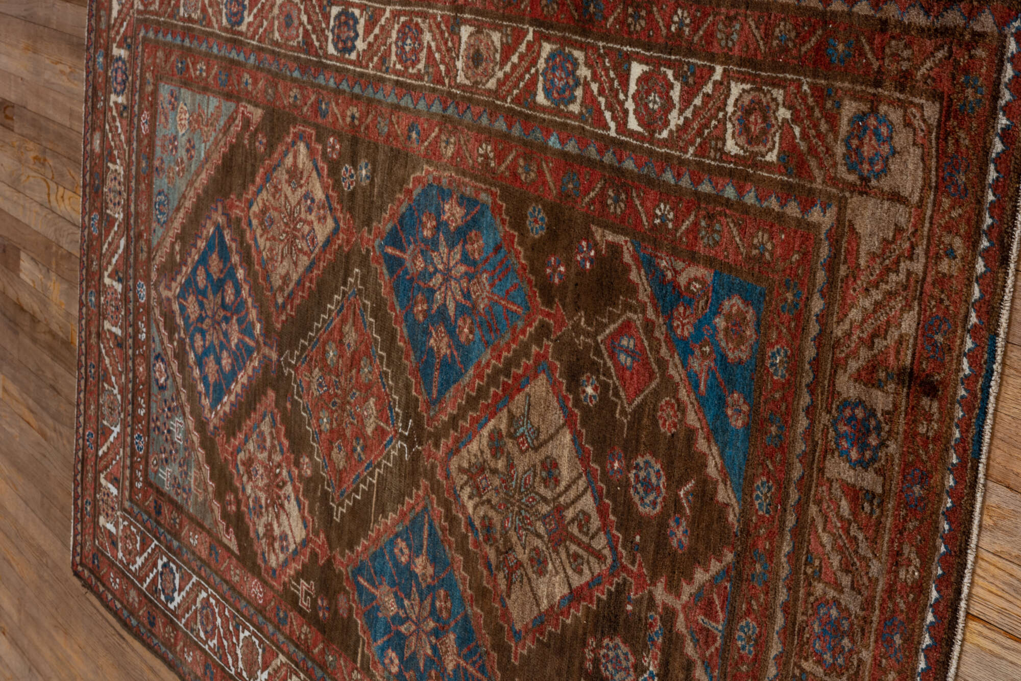 4' x 7' one-of-a-kind handmade vintage Malayer rug. Color palette: gray, black, blue, brown, light gray, off-white, pink