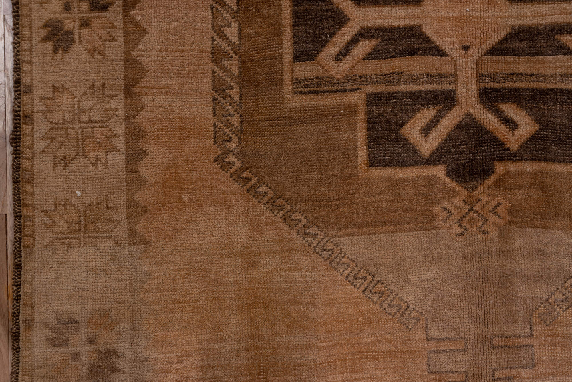 4' x 12' one-of-a-kind handmade vintage Oushak runner rug. Color palette: brown, gray, light gray, off-white, pink, snow