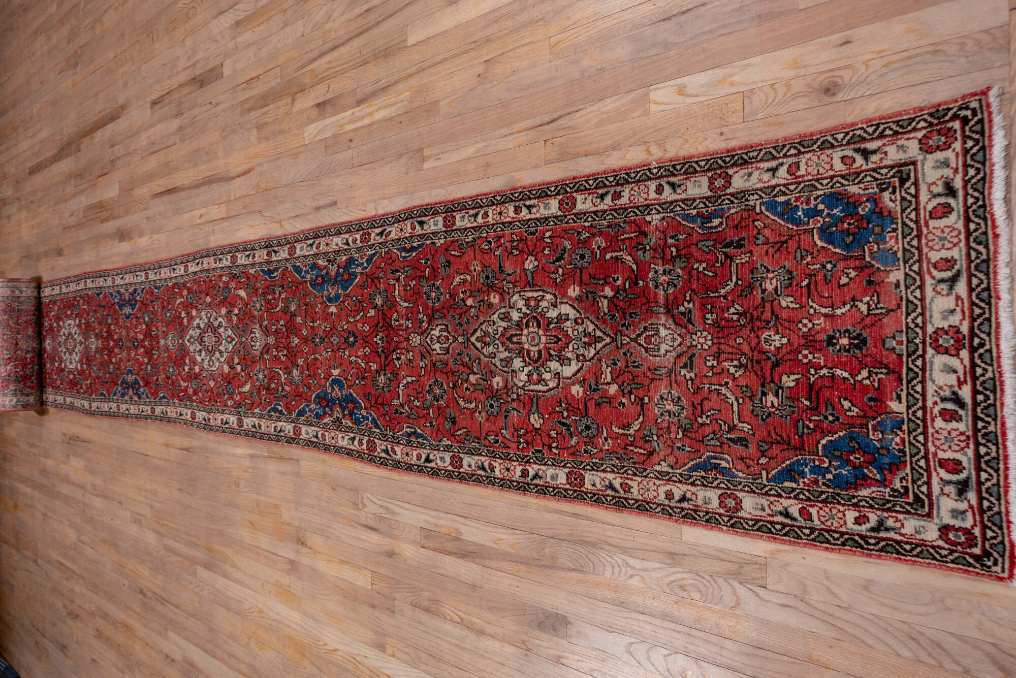 2' x 40' one-of-a-kind handmade vintage Dargazin runner rug. Color palette: brown, gray, off-white, pink, red, snow, white
