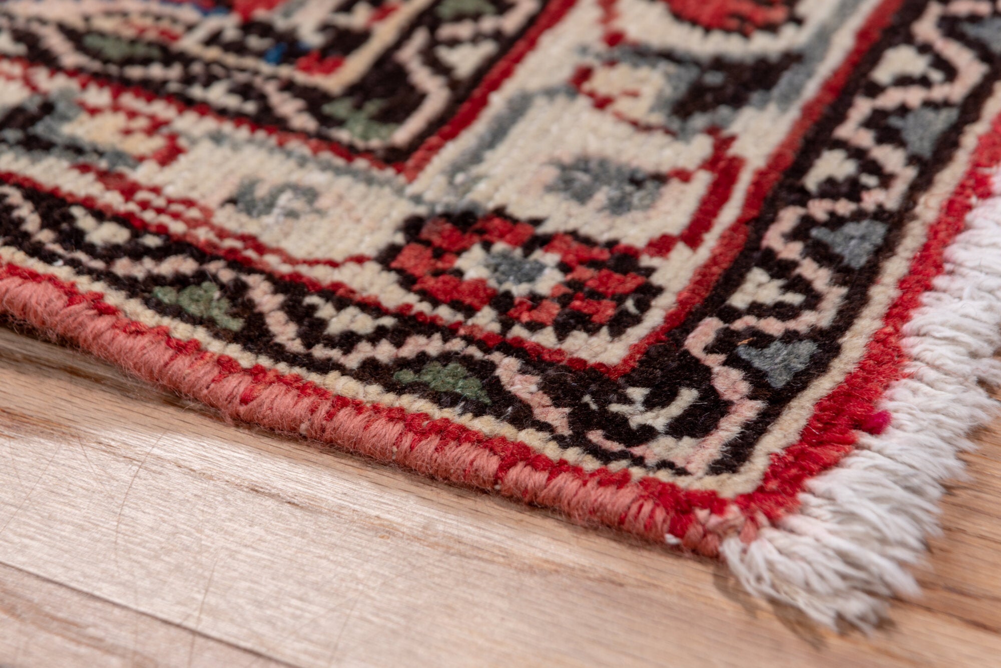 2' x 40' one-of-a-kind handmade vintage Dargazin runner rug. Color palette: brown, gray, off-white, pink, red, snow, white