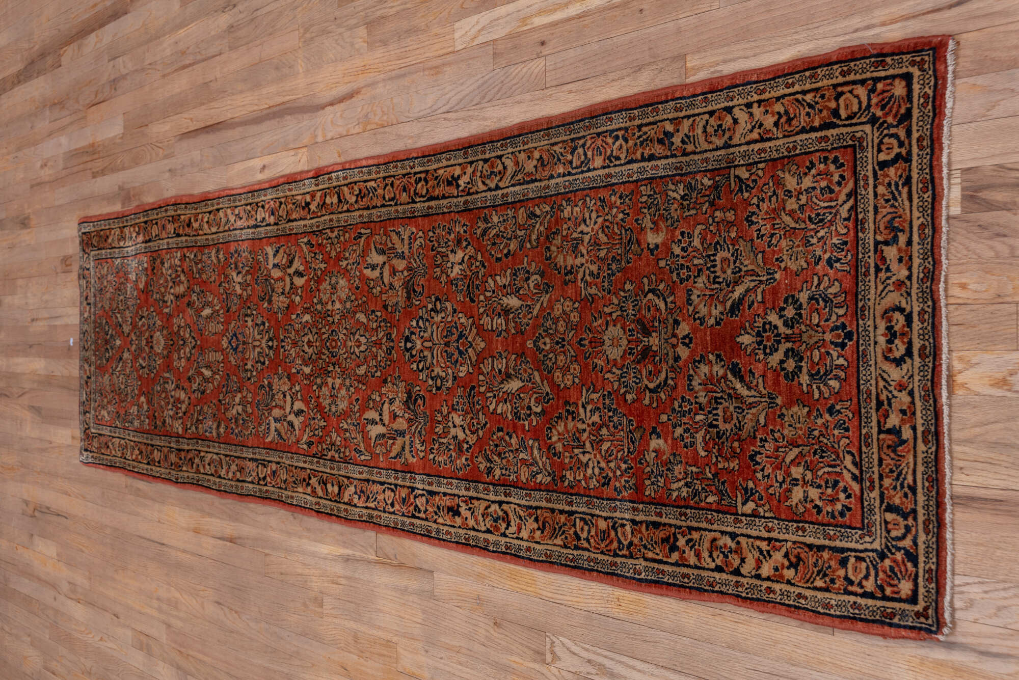 2' x 10' one-of-a-kind handmade vintage Sarouk runner rug. Color palette: brown, gray, pink, redwood