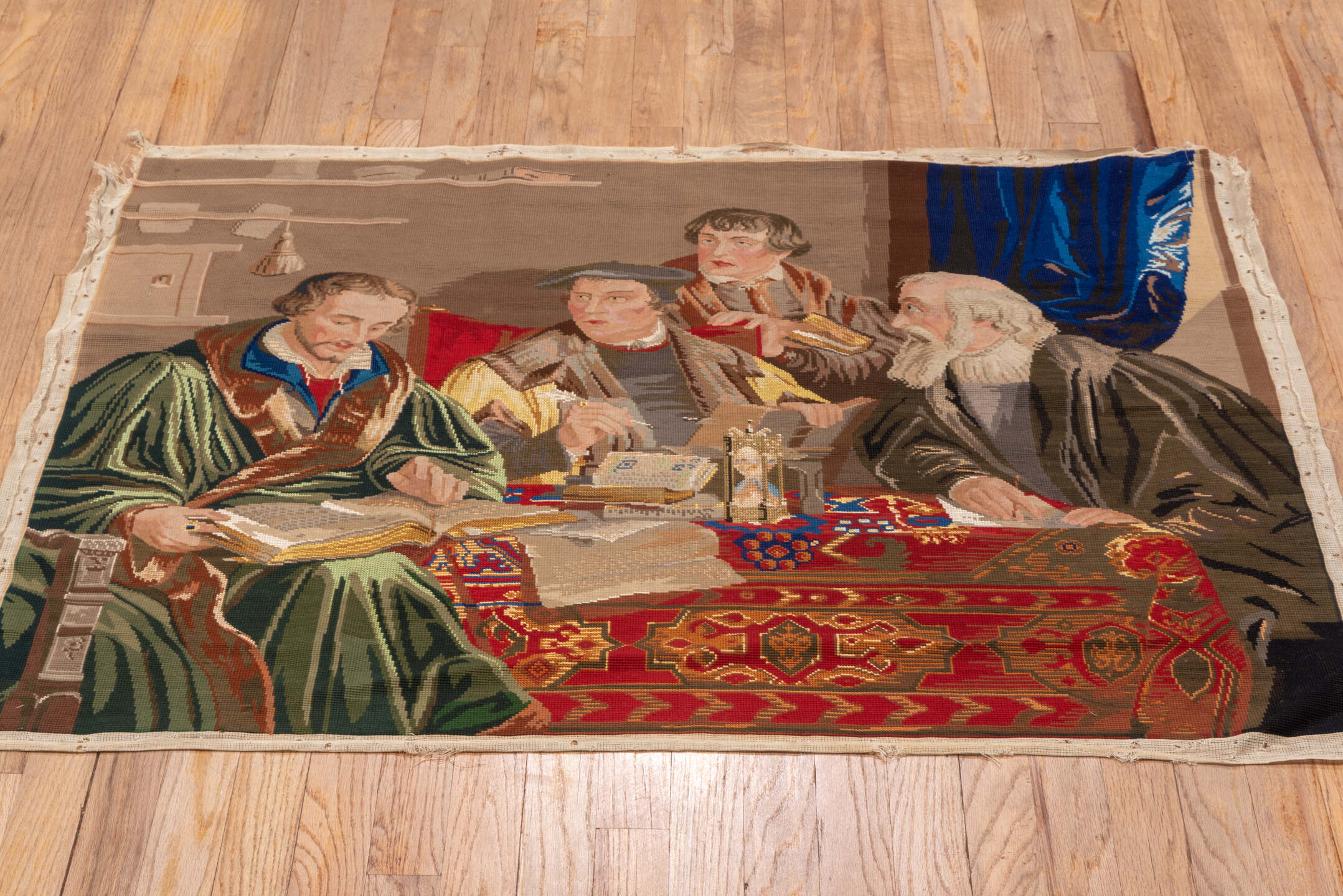 3' x 4' one-of-a-kind handmade vintage Needlepoint small size rug. Color palette: brown, gray, red, blue, dark gray