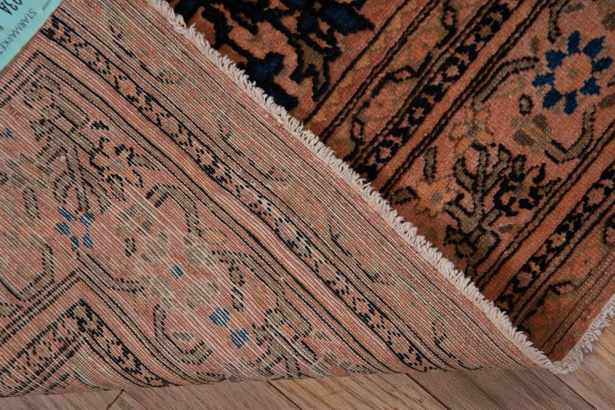 5' x 6' one-of-a-kind handmade vintage Malayer rug. Color palette: pink, gray, brown, black, redwood