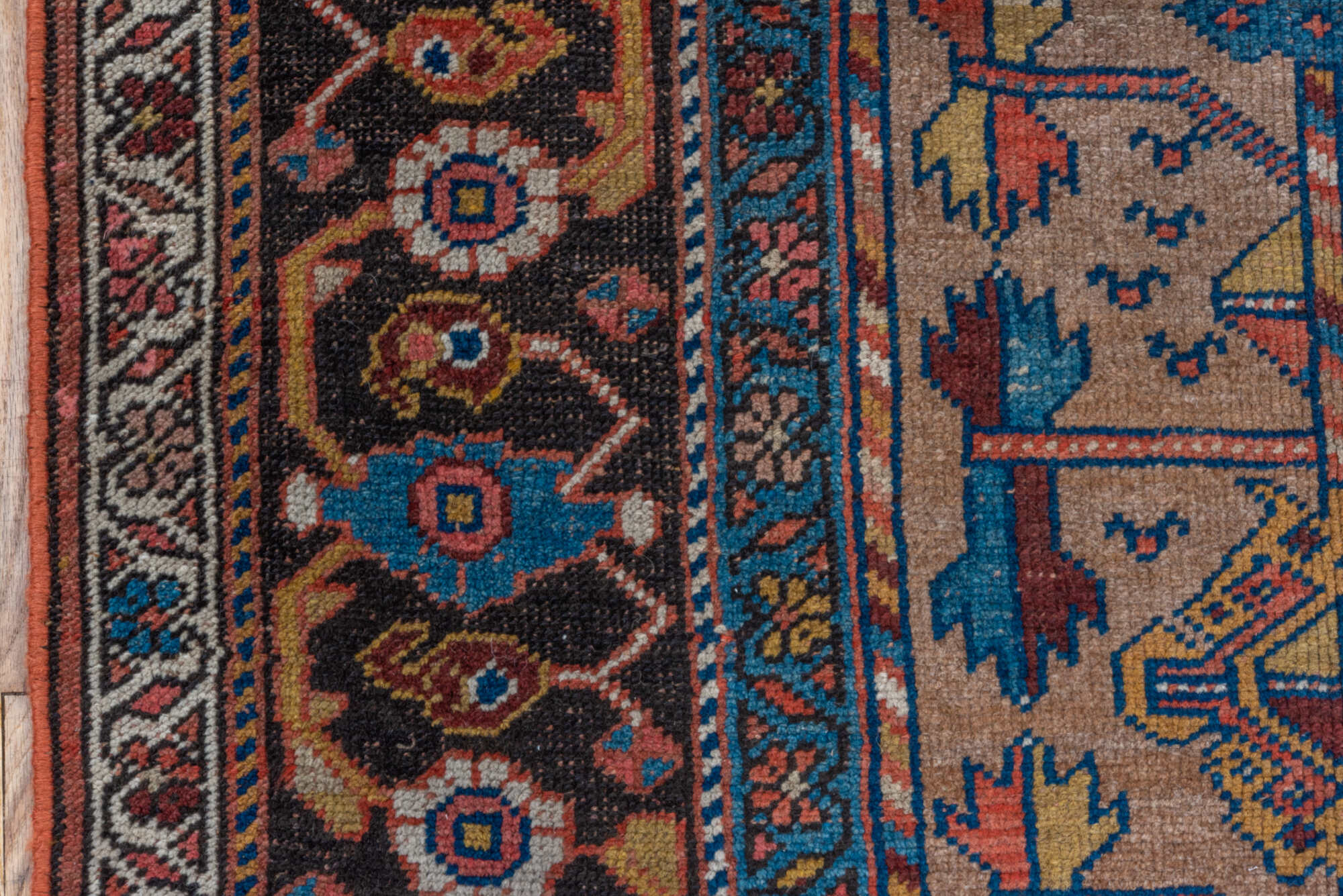 3' x 8' one-of-a-kind handmade vintage Kurd runner rug. Color palette: arapawa, blue, brown, gray, pink, red, redwood