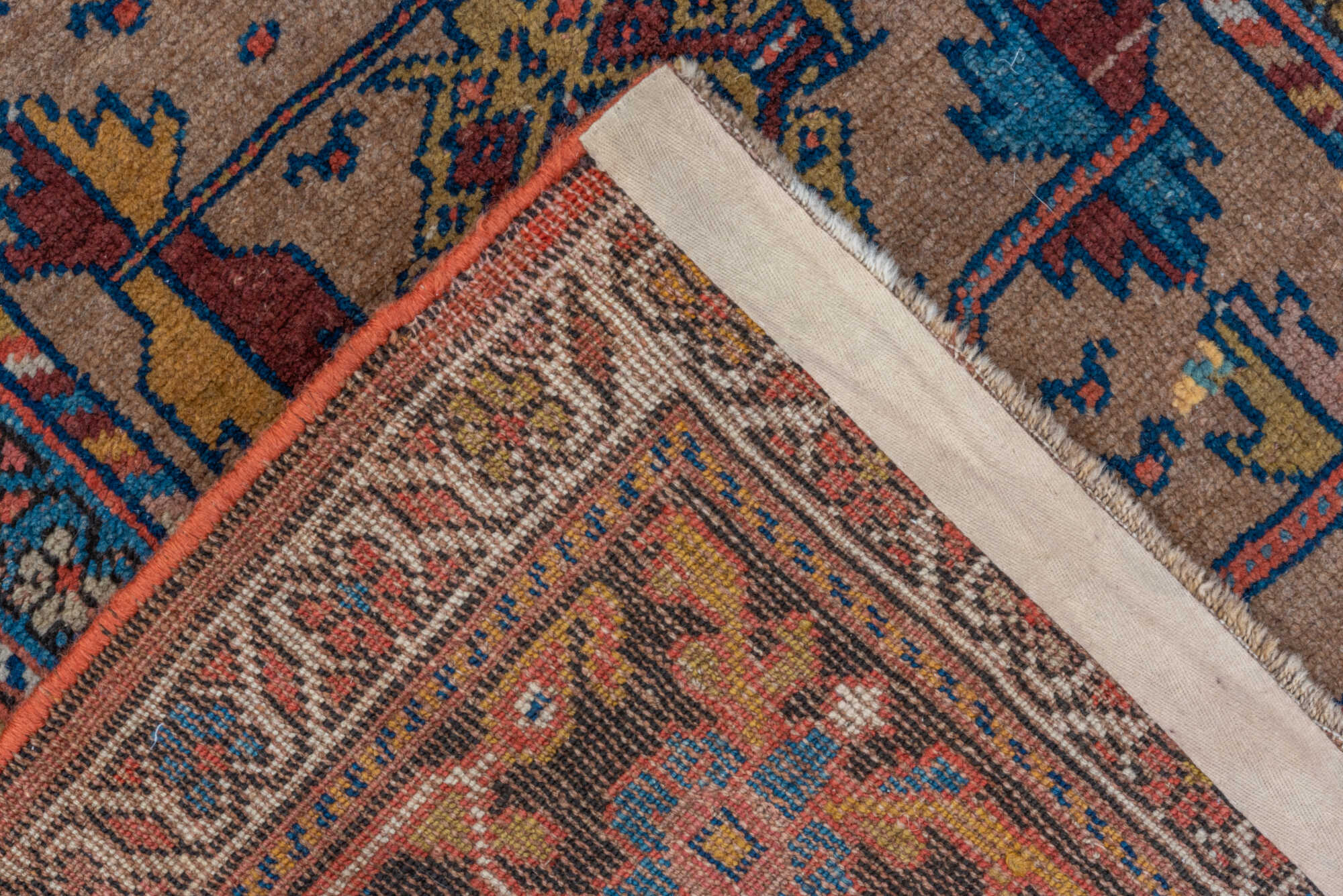 3' x 8' one-of-a-kind handmade vintage Kurd runner rug. Color palette: arapawa, blue, brown, gray, pink, red, redwood
