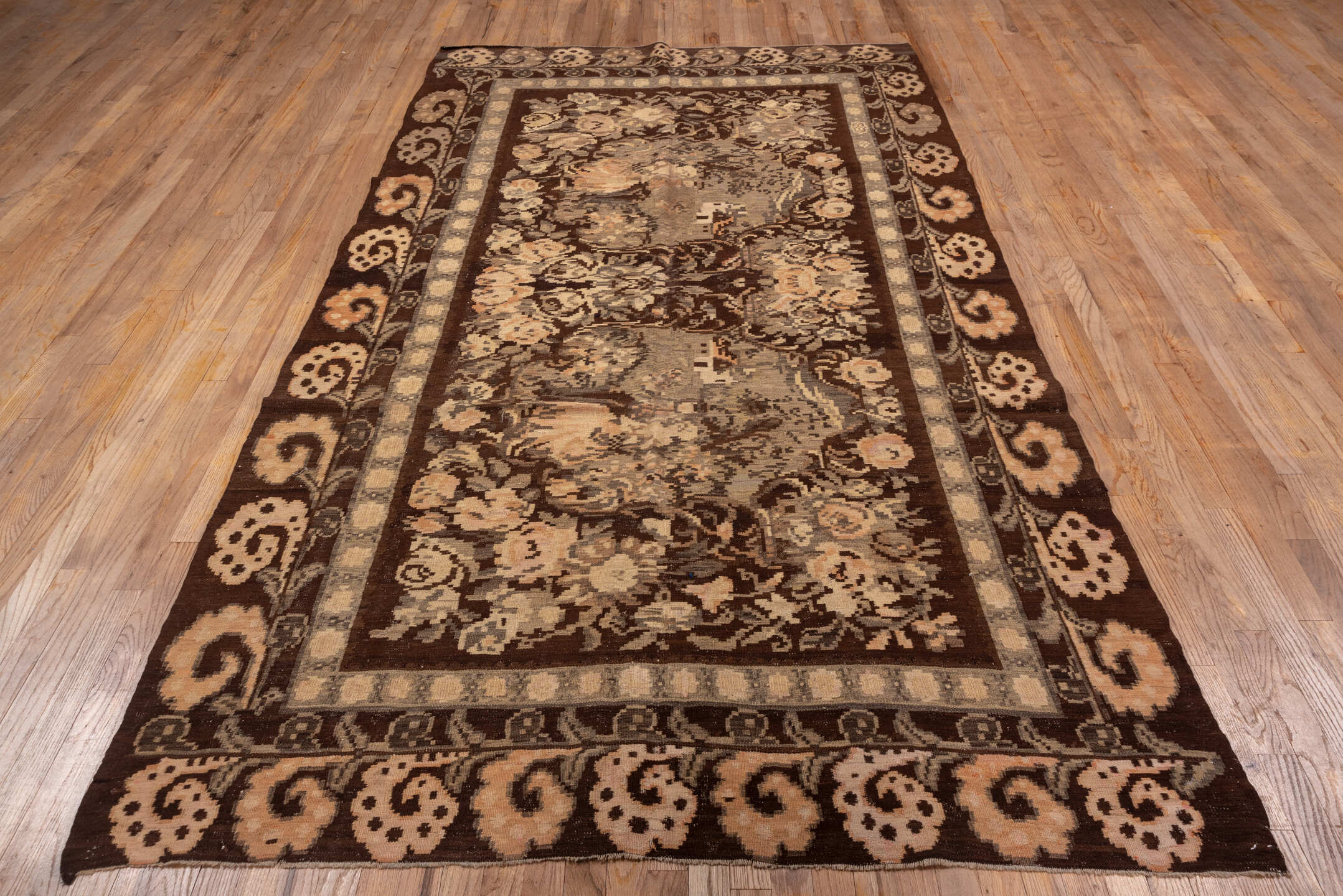 5' x 10' one-of-a-kind handmade vintage Kilim medium size rug. Color palette: brown, orange, off-white