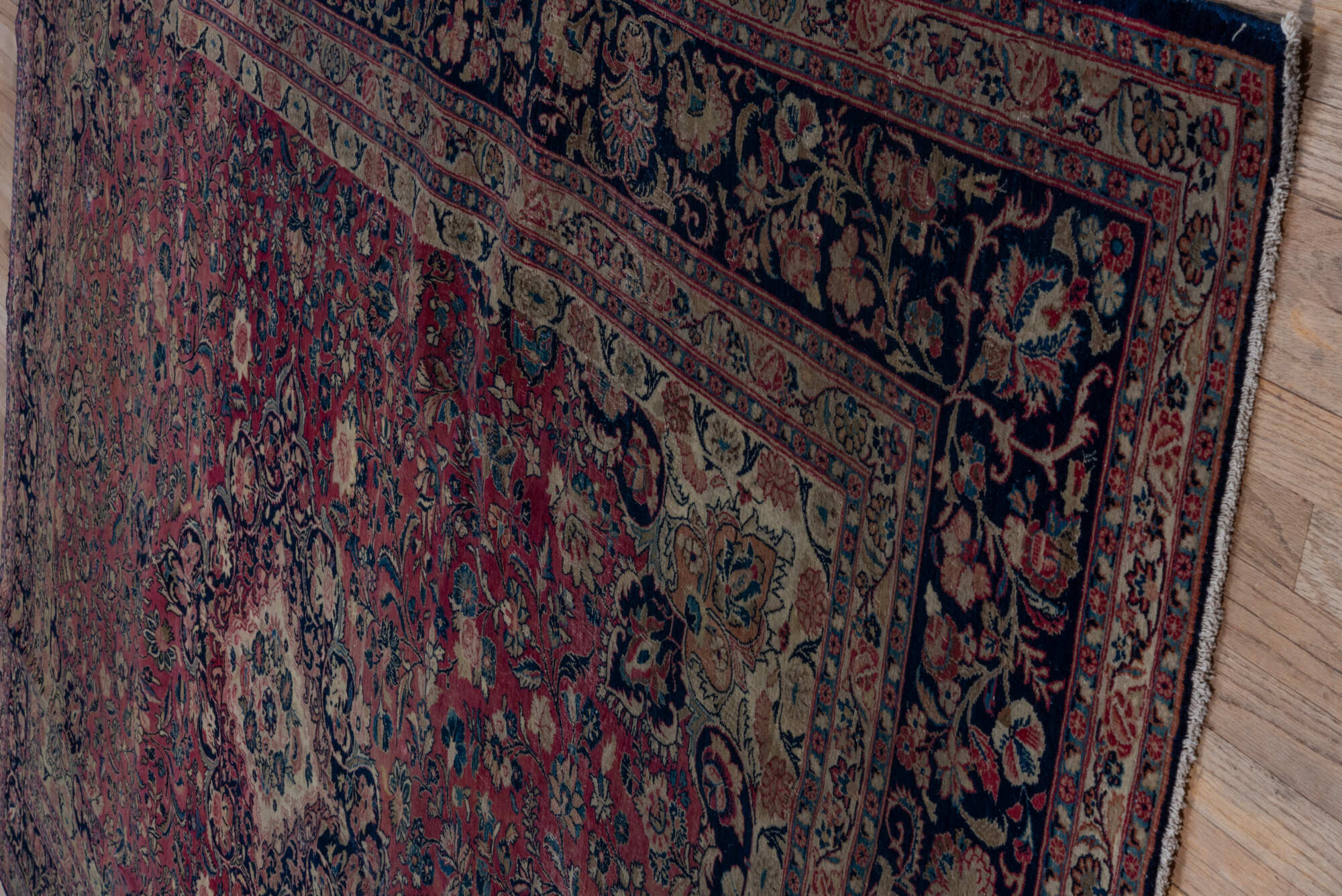 8' x 11' one-of-a-kind handmade vintage Kazvin large size rug. Color palette: blue, brown, gray, off-white, pink, red, snow