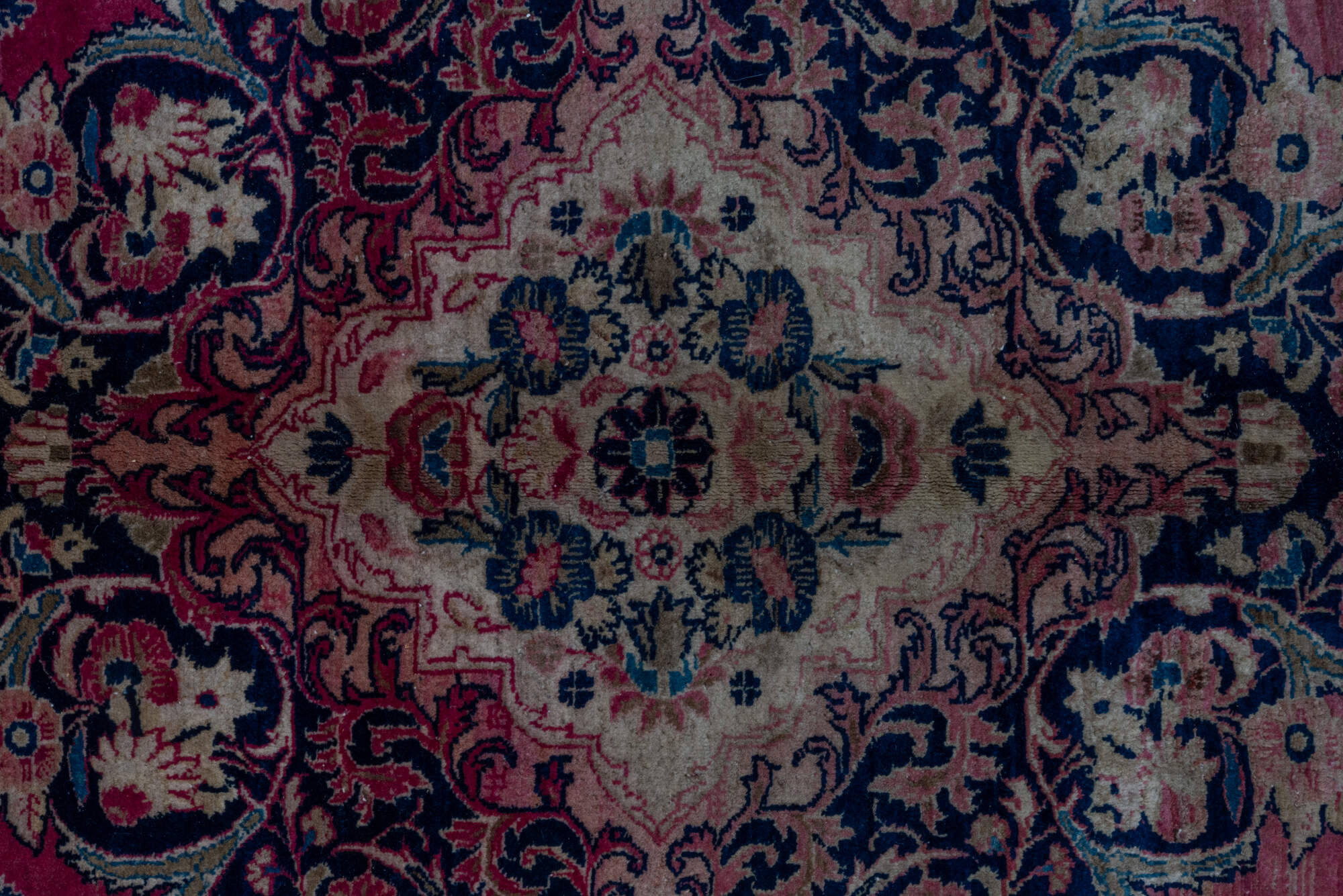 8' x 11' one-of-a-kind handmade vintage Kazvin large size rug. Color palette: blue, brown, gray, off-white, pink, red, snow