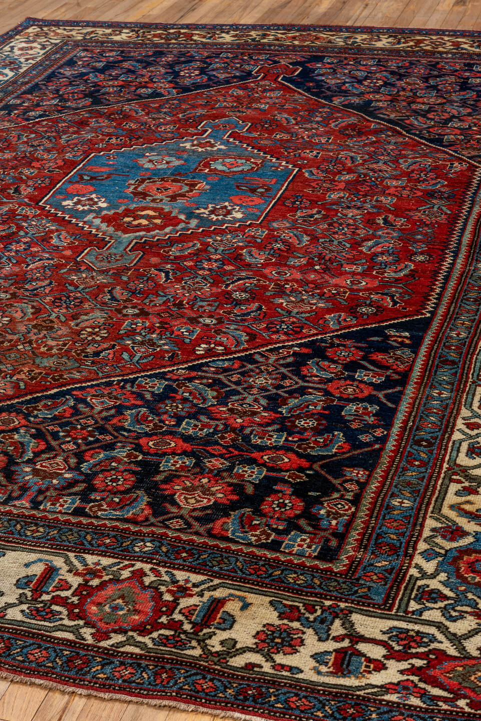 7' x 10' one-of-a-kind handmade vintage Bidjar large size rug. Color palette: blue, brown, dark gray, fiord, gainsboro, gray