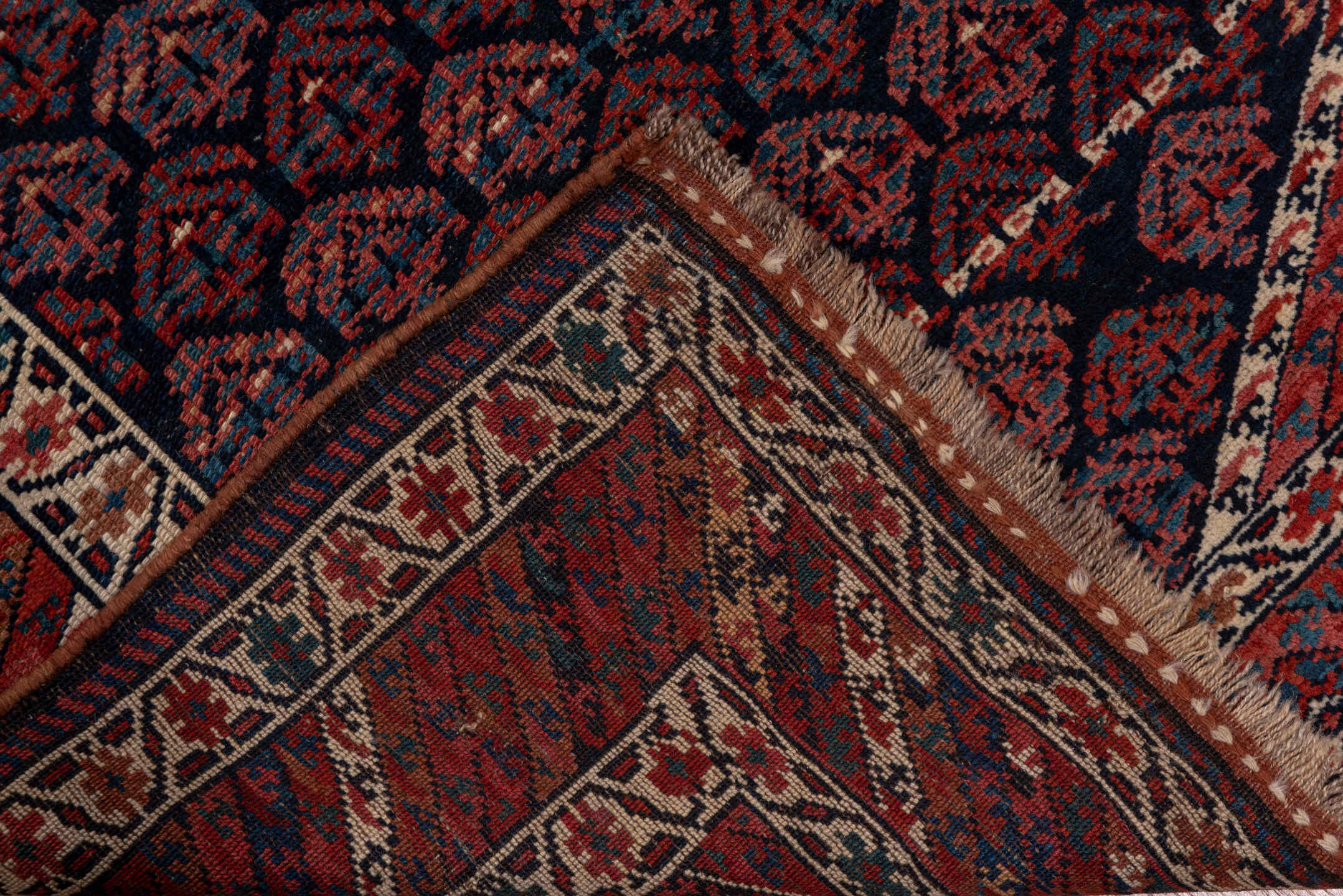 3' x 16' one-of-a-kind handmade vintage Kurd runner rug. Color palette: pink, gray, brown, red, blue, black