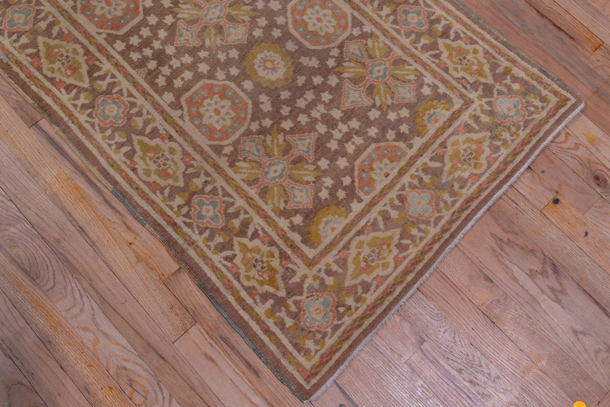 2' x 15' one-of-a-kind handmade vintage Tabriz runner rug. Color palette: brown, off-white, pink, snow, white, whitesmoke