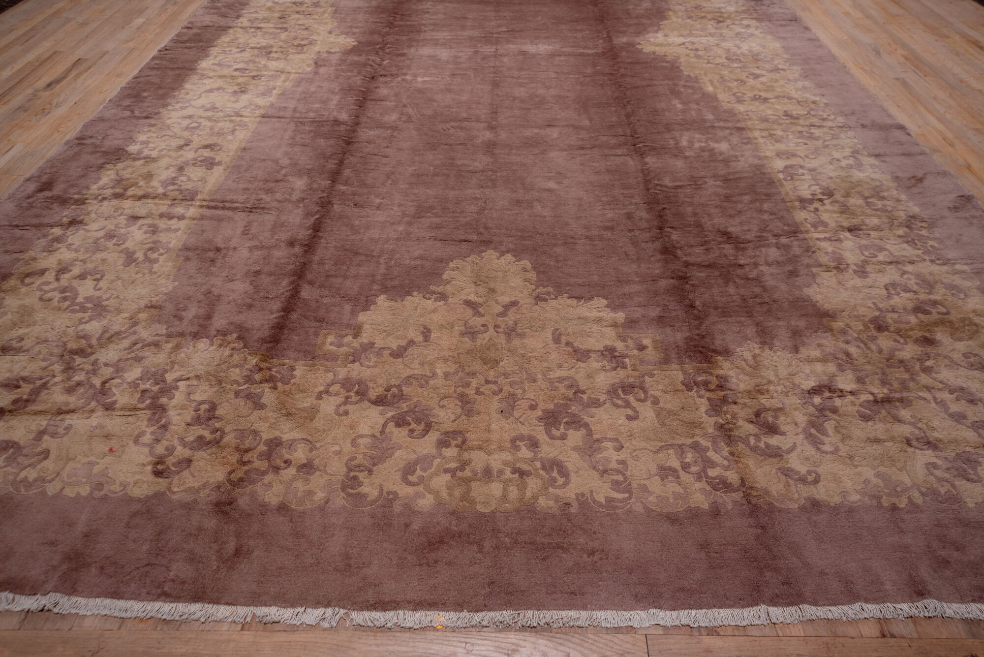 12' x 20' one-of-a-kind handmade vintage Chinese oversize rug. Color palette: brown, gray, light gray, off-white, pink, red