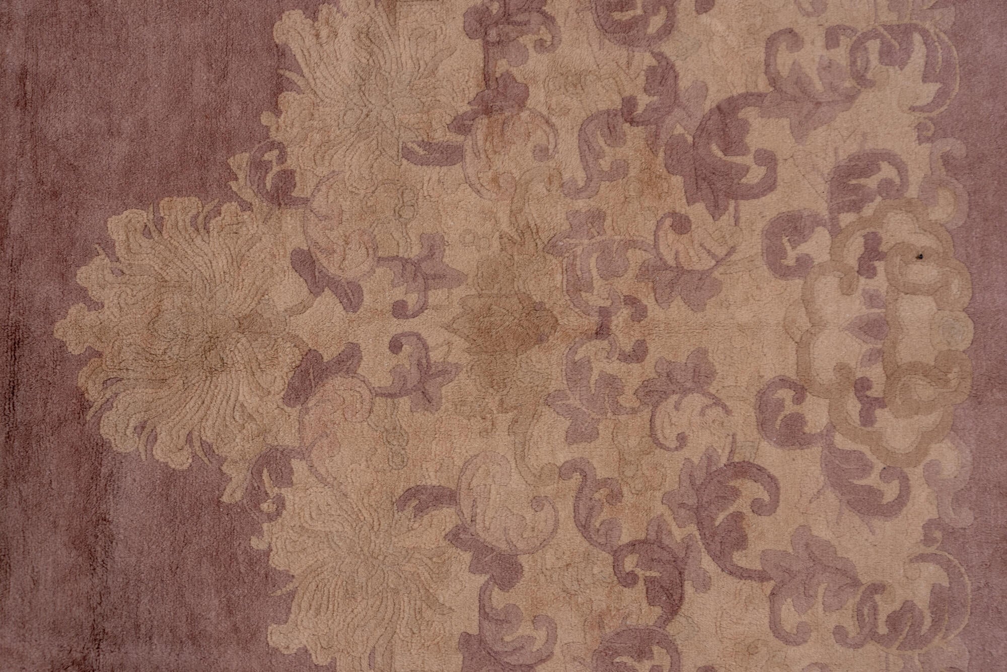 12' x 20' one-of-a-kind handmade vintage Chinese oversize rug. Color palette: brown, gray, light gray, off-white, pink, red