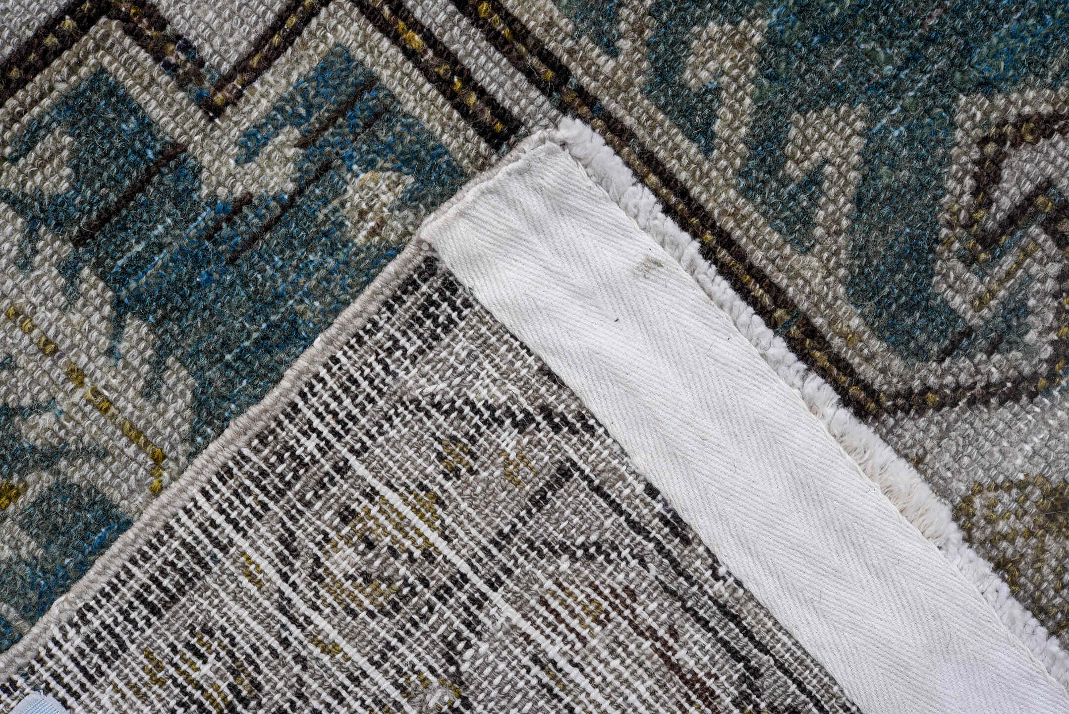 3' x 17' one-of-a-kind handmade vintage Malayer runner rug. Color palette: gray, black, blue, light gray, off-white, arapawa