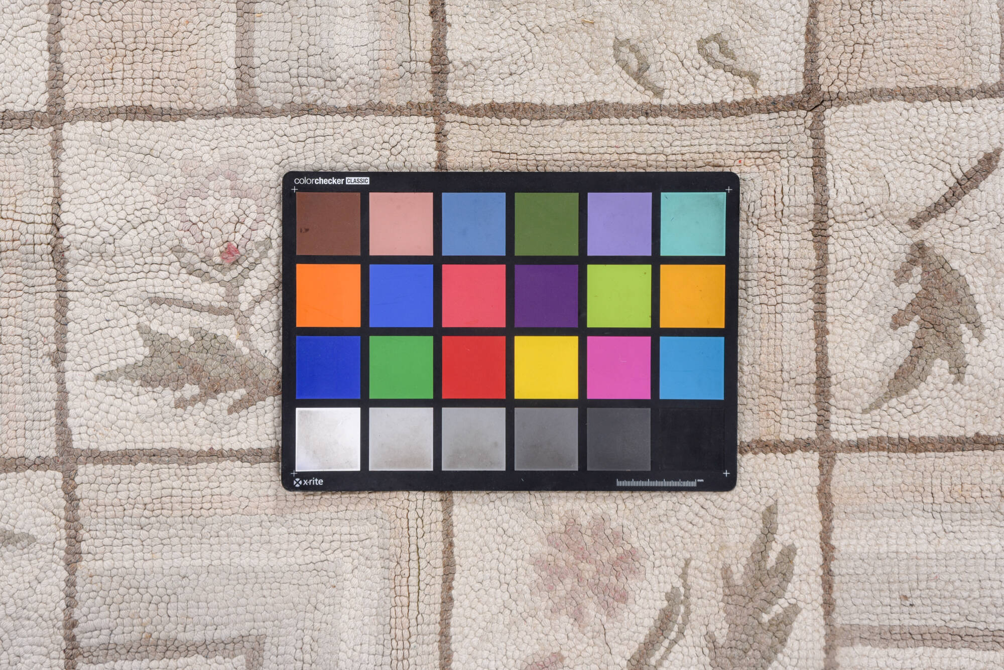 9' x 13' one-of-a-kind handmade vintage Hooked large size rug. Color palette: brown, gray, light gray, off-white, pink